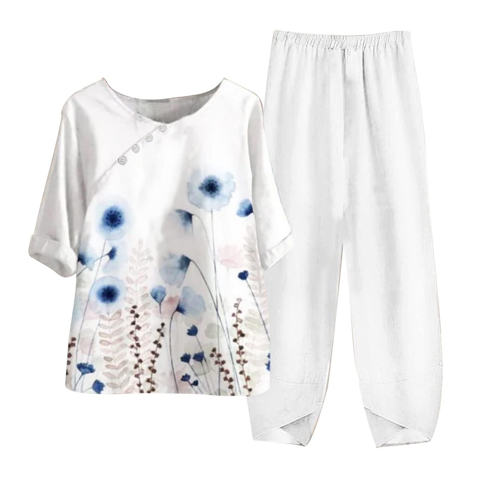 Women's Summer Linen Outfits - 2 Piece Lounge Set with Half Sleeve T-Shirt & Cotton Linen Pants | Plus Size Vacation Wear for Beach, Travel & Casual Comfort