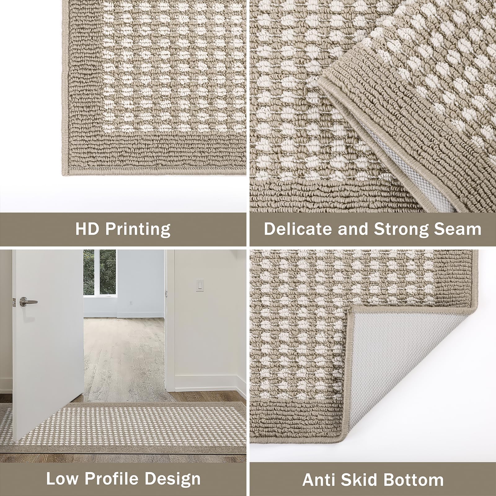 Non-Slip 3-Piece Kitchen Mat Set - 3D Lattice Farmhouse Floor Rugs with Washable Rubber Backing - Beige Kitchen Runner for Laundry, Hallway & Entryway | Durable & Stylish Home Decor