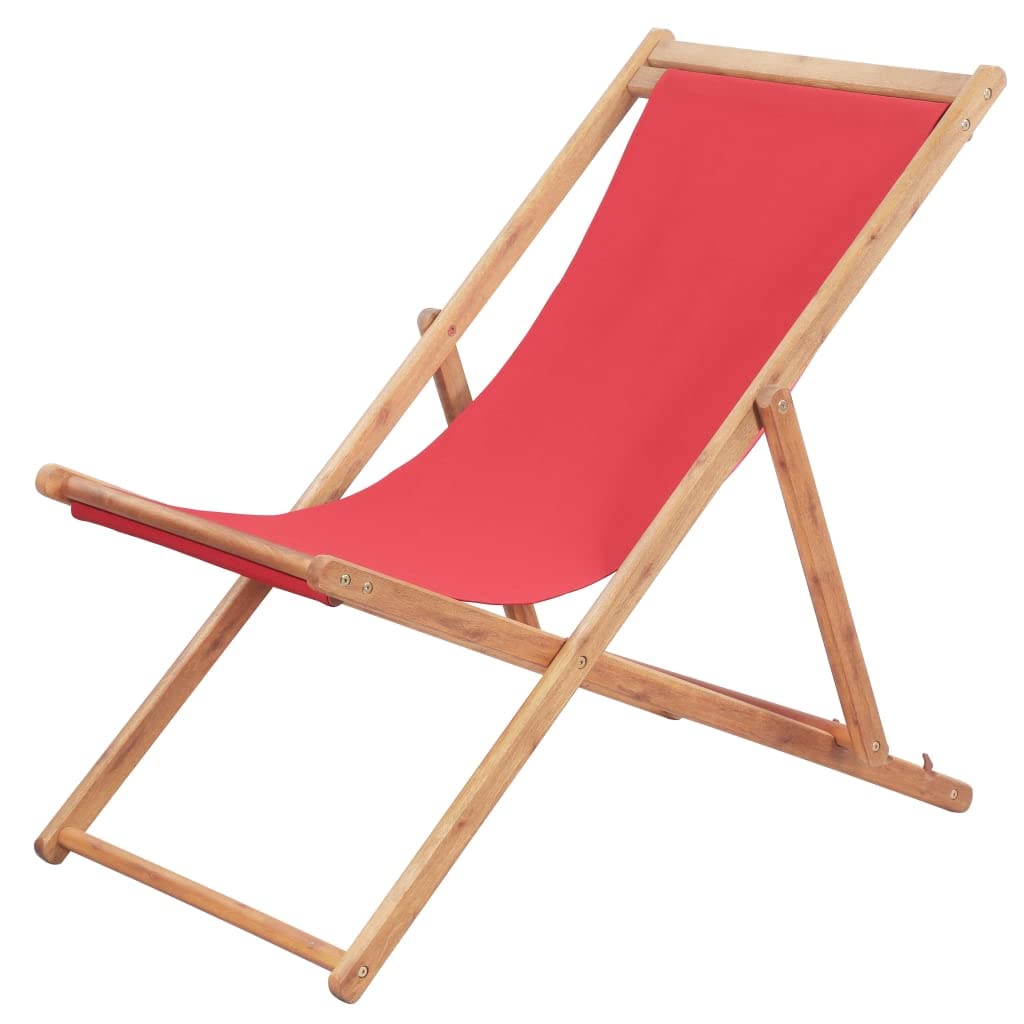 SKM Portable Folding Beach Chair with Wooden Frame - Lightweight, Durable & Comfortable Outdoor Lounge Chair for Beach, Camping, Picnic & Backyard (Red)