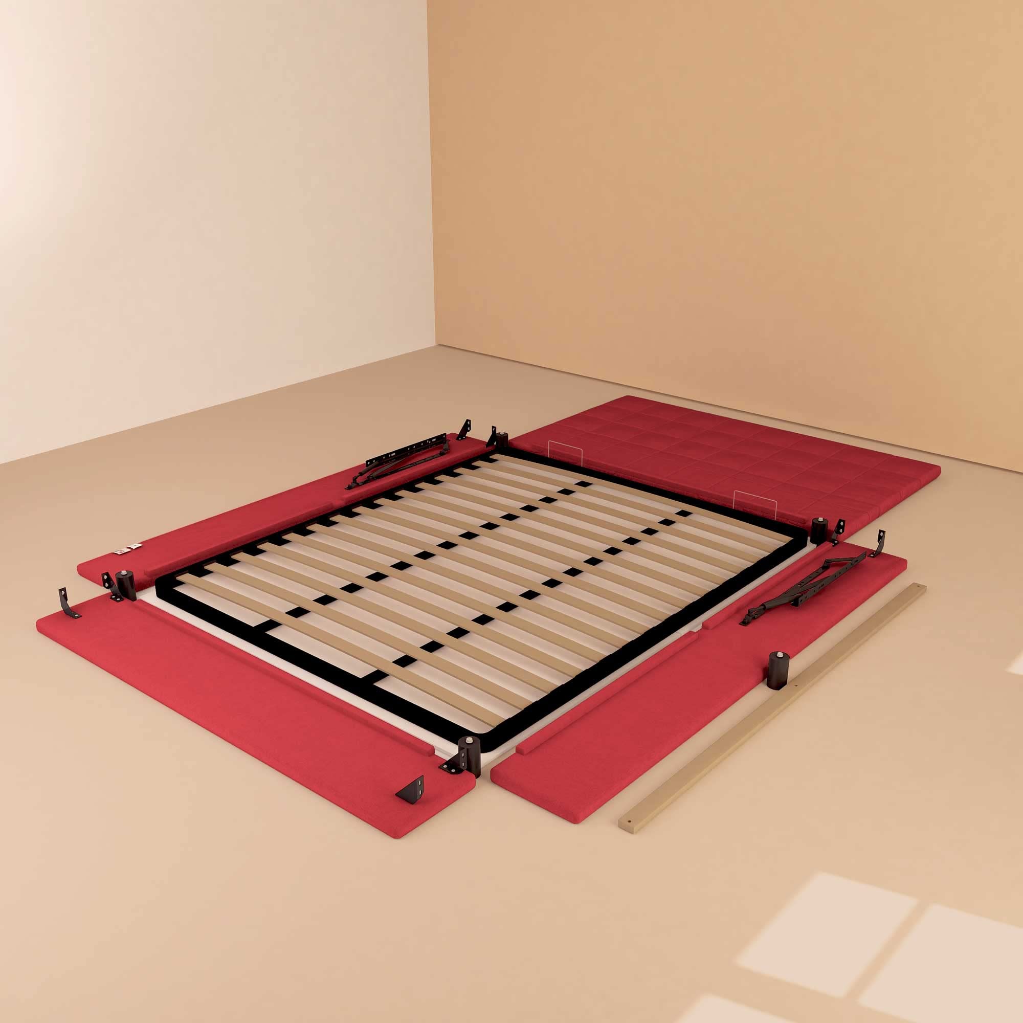 Baldiflex Single Bed with Storage Drawer - Dublin Fabric Frame, Slatted Base for Single Mattress, 90 x 190 cm, Elegant Headboard in Red | Perfect for Small Bedrooms, Guest Rooms & Studio Apartments
