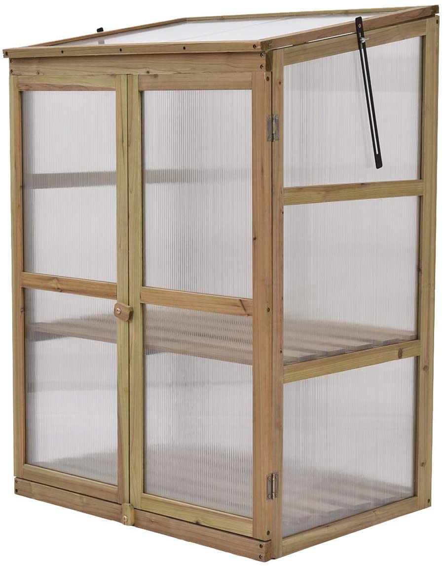 Hysache Portable Wooden Greenhouse Cold Frame - Garden Flower Planter with Openable Top & Side Doors, Removable Shelf & Hinges - Raised Bed for Outdoor Gardening, Balcony, Porch, Backyard - Perfect for Seed Starting, Plant Protection & Year-Round Growing