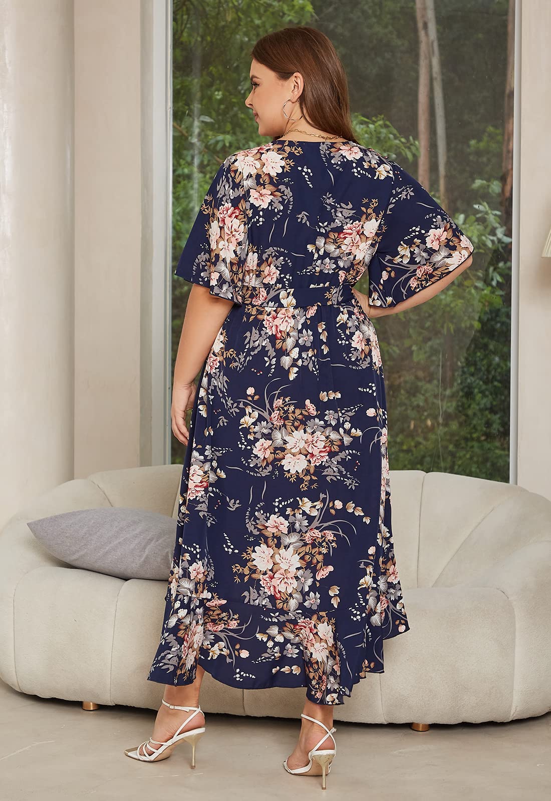 Plus Size Wedding Guest Maxi Dress for Women - Summer Boho Floral Wrap Dress with Sleeves & Pockets | Elegant Church, Garden Party & Special Occasion Outfit