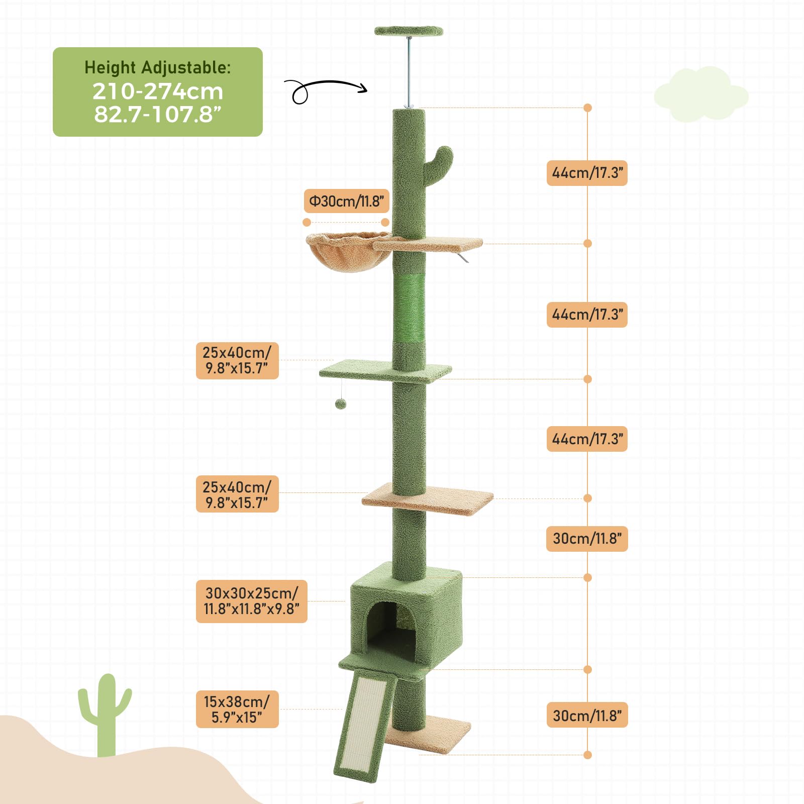 PEQULTI Adjustable Cat Tree Floor to Ceiling - 83'' to 108'' Tall Cat Tower with 5 Tiers, Cat Condo, Scratching Post & Ladder for Indoor Cats - Green Cactus Design | Perfect for Small Spaces, Apartments & Multi-Cat Homes