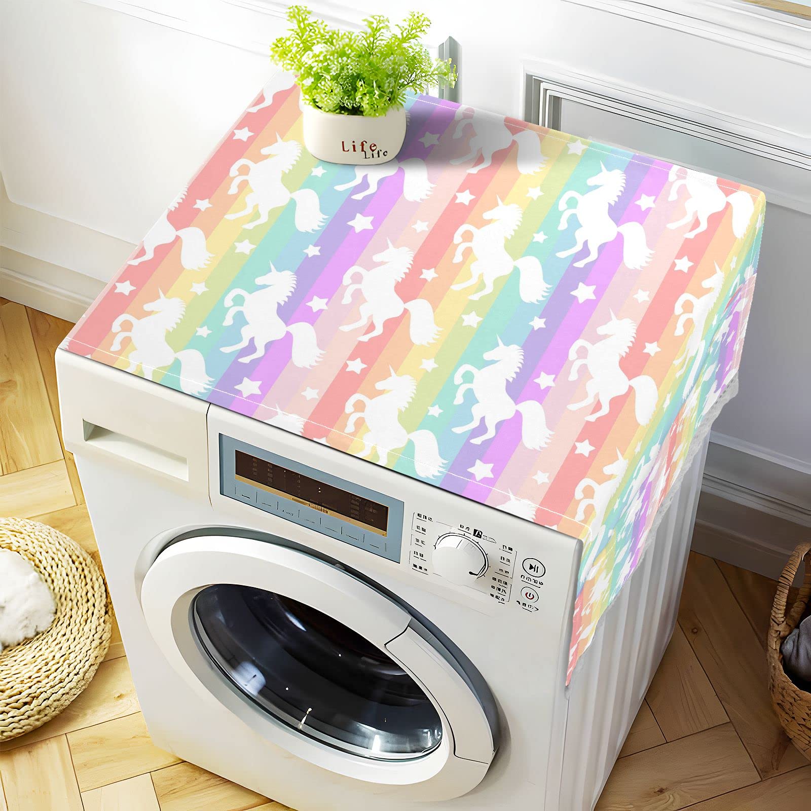 Waterproof Non-Slip Unicorn Rainbow Stripe Washing Machine Cover 51x22 Inches - Front Load Washer Dryer Top Mat with 4 Storage Bags, Dust Proof Refrigerator Fridge Protector for Home Decor | Perfect for Laundry Room, Basement & Apartment