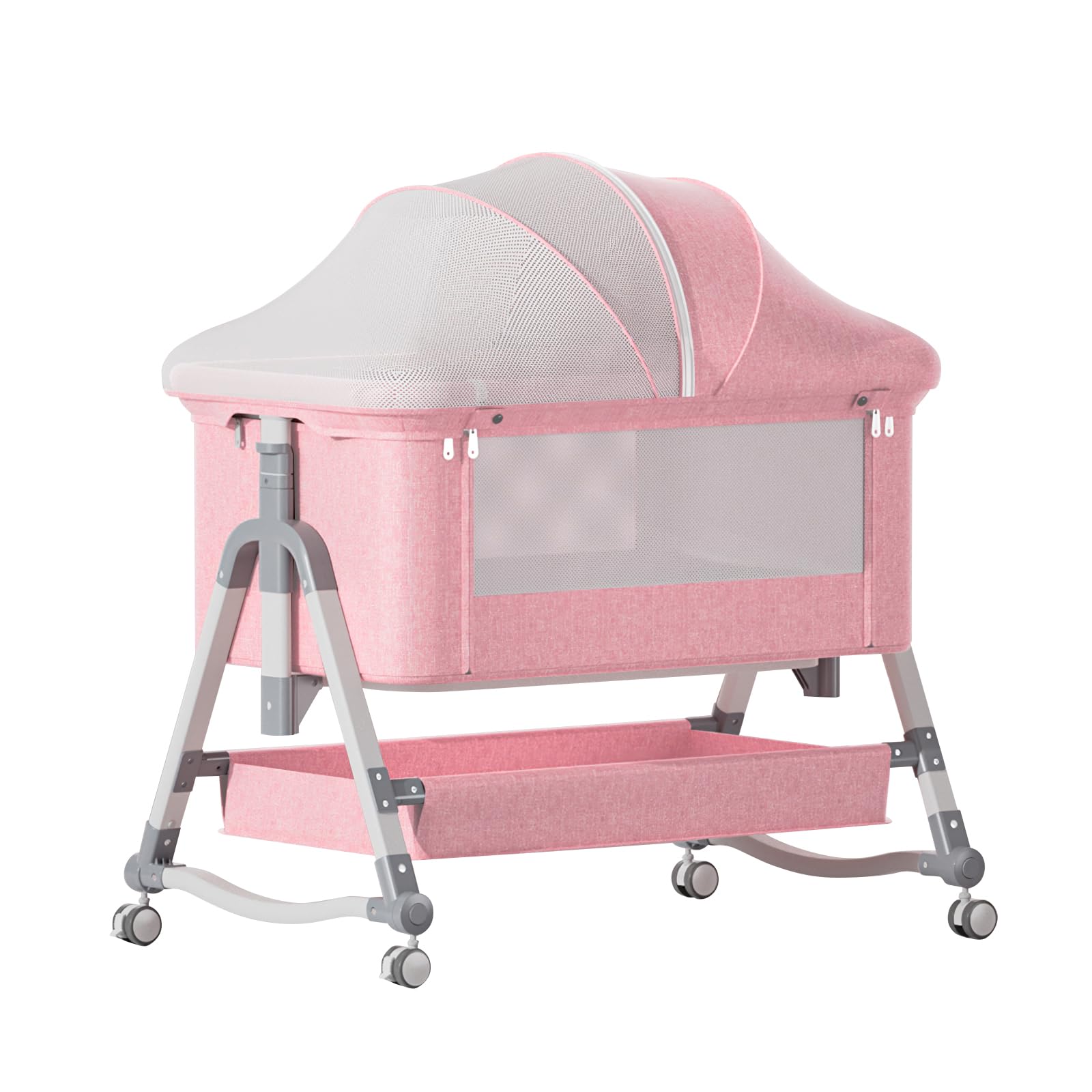 4-in-1 Adjustable Baby Bassinet & Bedside Sleeper with Mattress - Portable Folding Crib with Mosquito Net & Storage - Pink Nursery Bed for Newborns - Perfect for Co-Sleeping, Travel & Small Spaces