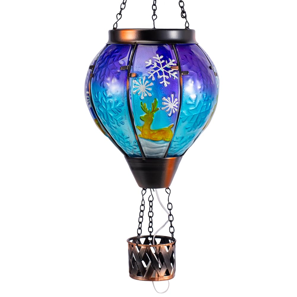 Solar Powered Hanging Lantern - Hot Air Balloon & Deer Design Outdoor Christmas Decor for Porch, Patio, Garden - Weatherproof LED Solar Light for Holiday & Party Decoration
