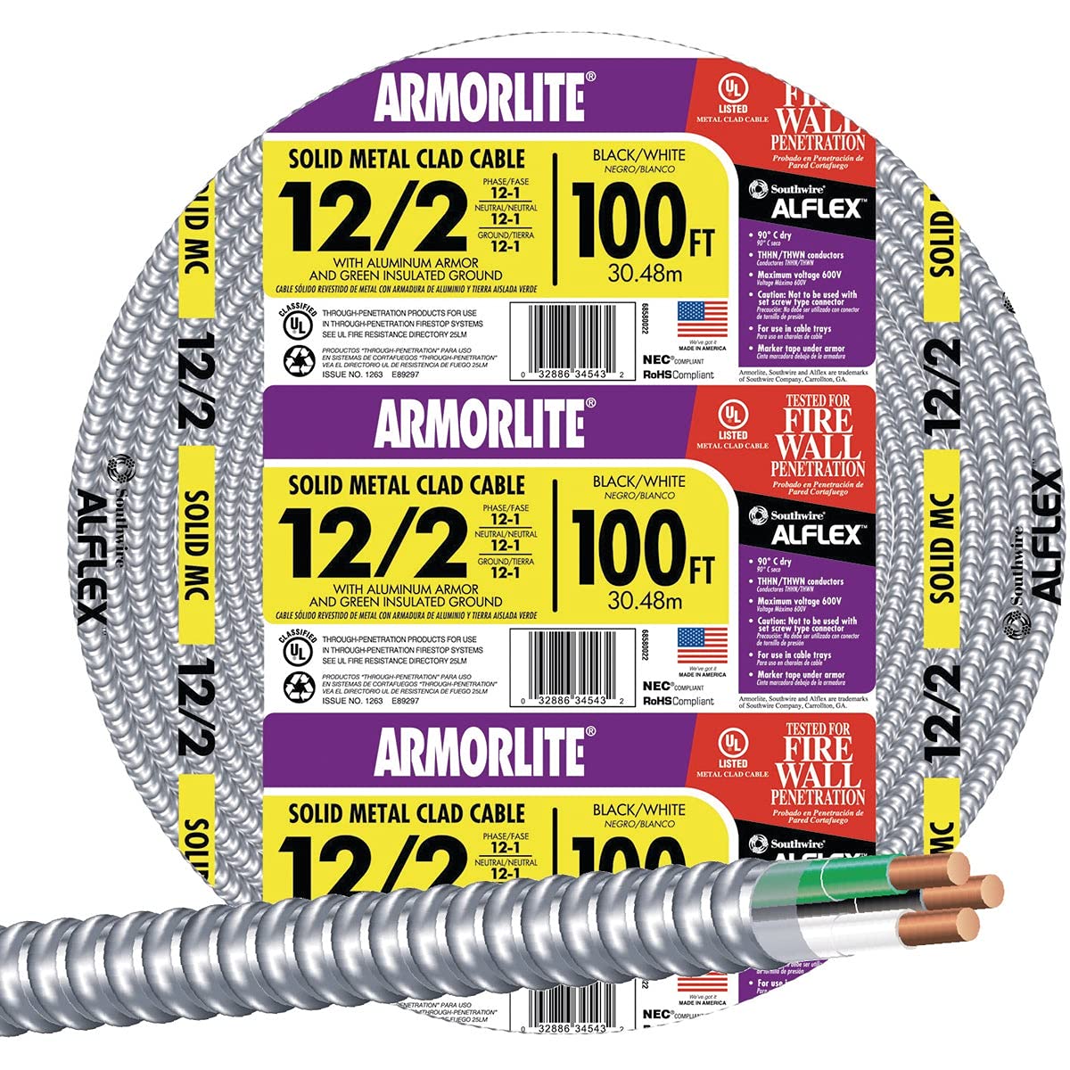 100' 12/2 MC W/G Cable - Metal Clad Electrical Wire for Home & Commercial Wiring - Ideal for Indoor Electrical Installations, Lighting Circuits, and Appliance Connections