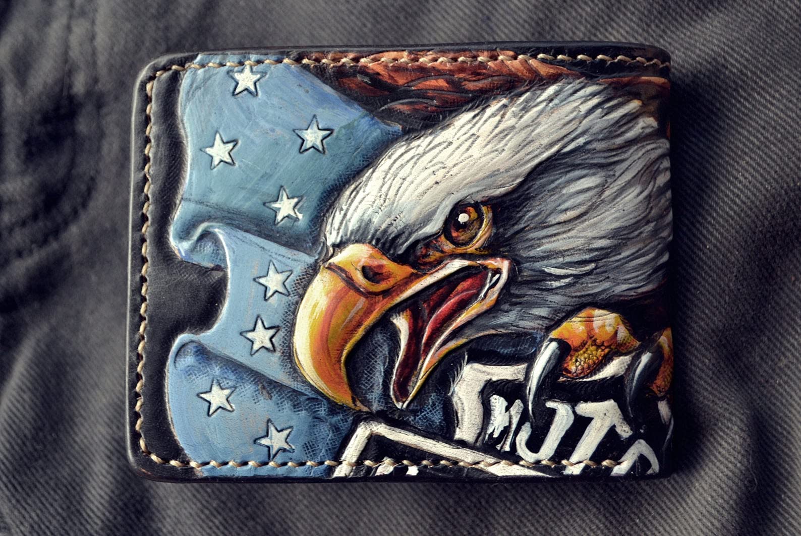 American Flag & Eagle 3D Genuine Leather Bifold Wallet for Men - Handmade Motorcycle Club Design with Engine & Airbrush Art - Custom Personalized Carved & Tooled Leather Wallet - Perfect for Bikers, Travel & Everyday Use