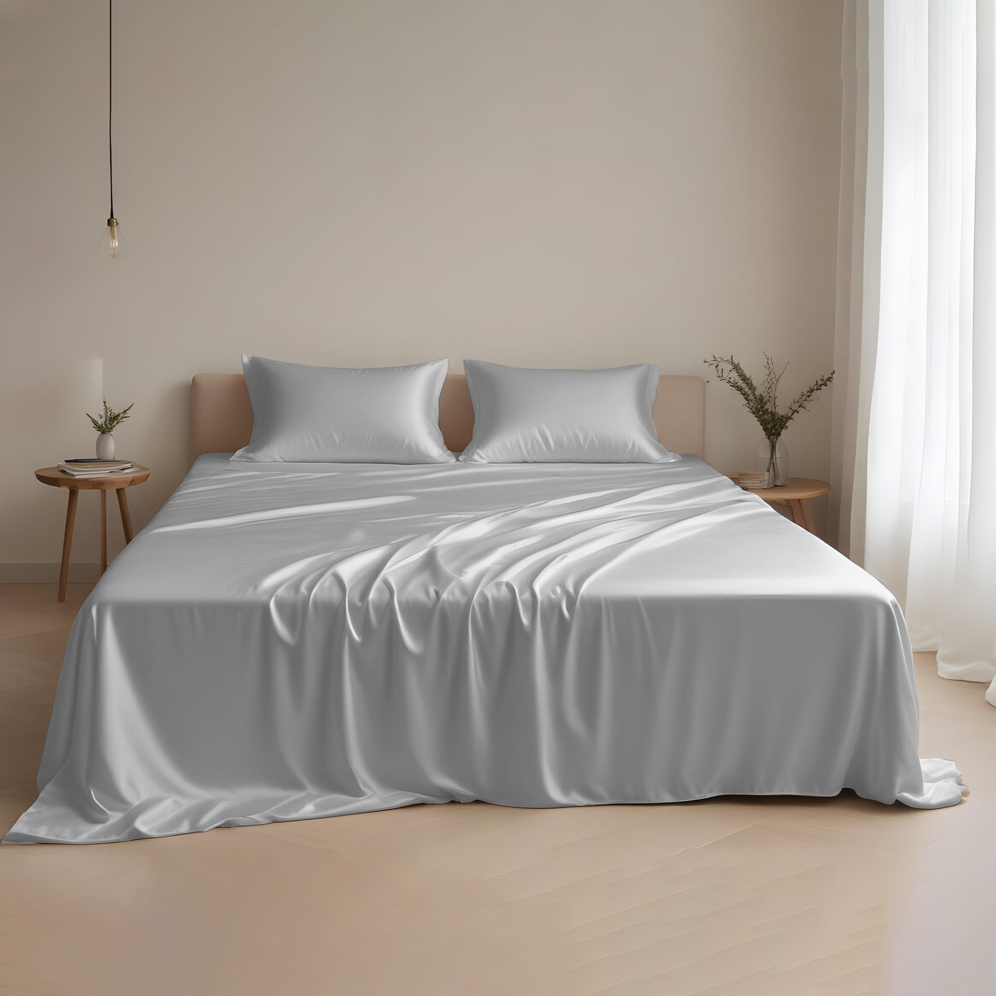 Premium Eucalyptus Tencel Bed Sheet Set Queen Size 4Pc - Silver Cooling Bedding with 16