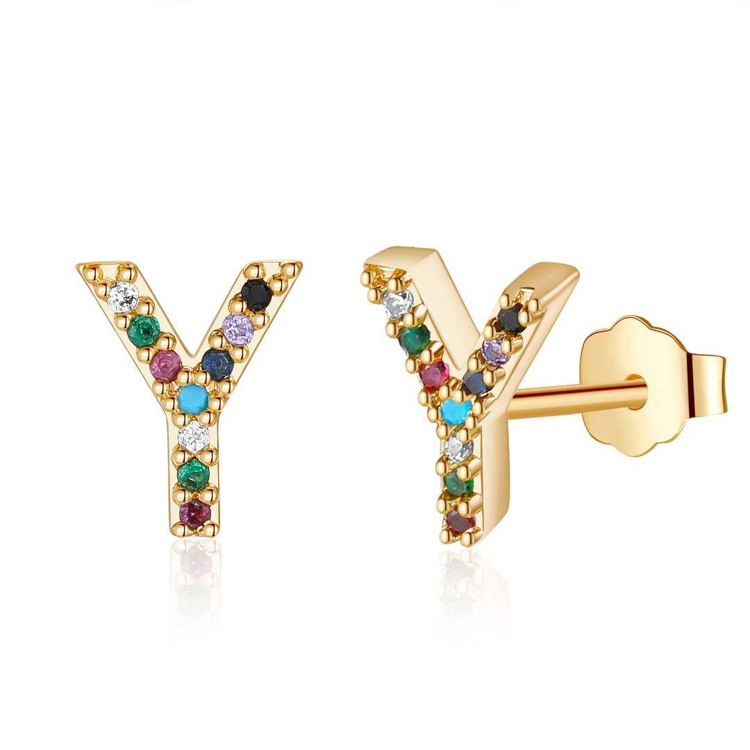 Hypoallergenic 925 Sterling Silver Initial Stud Earrings for Women & Girls - Gold Plated Rainbow Cubic Zirconia Letter Jewelry (26 Letters) | Perfect Birthday Gifts, Anniversary Presents & Everyday Fashion Accessories