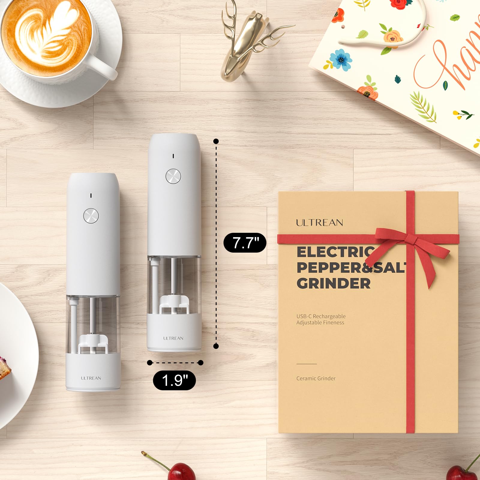 Ultrean Rechargeable Electric Salt and Pepper Grinder Set (2 Pack) - Adjustable Coarseness, LED Light, One-Hand Operation - Perfect for Kitchen, Dining, Camping & Gifting - White