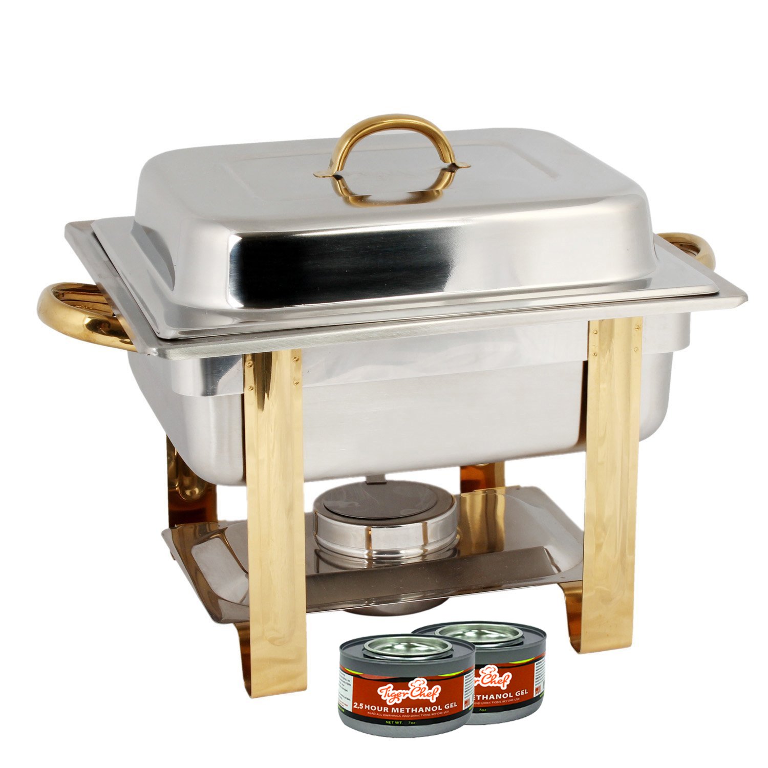 TigerChef 4 Quart Half Size Stainless Steel Chafing Dish Buffet Set with Gold Accent - Includes 4 Free Chafing Fuel Gels - Perfect for Parties, Catering, Buffet Serving & Keeping Food Warm