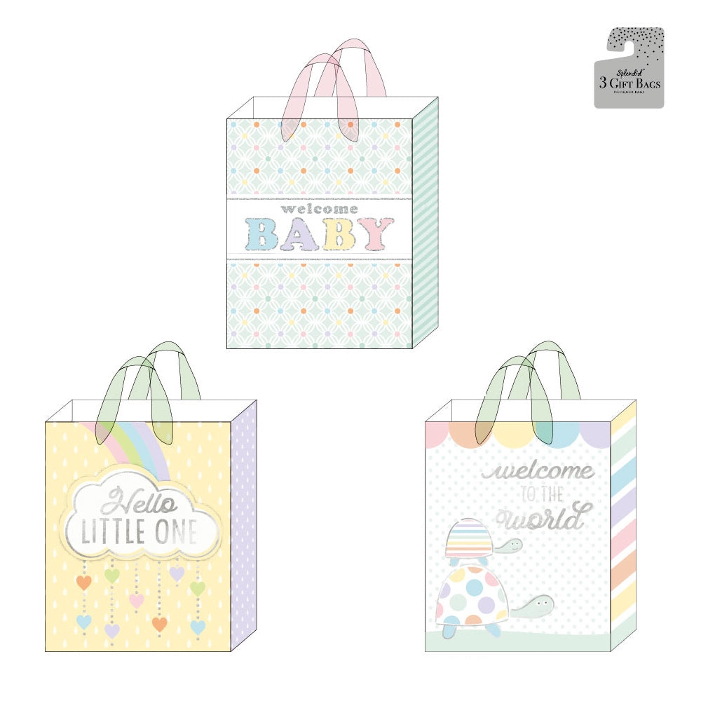 Large Baby Dots, Hearts & Turtles Hot Stamp Glitter Gift Bags - 3 Adorable Designs for Baby Showers, Birthday Parties & Special Occasions
