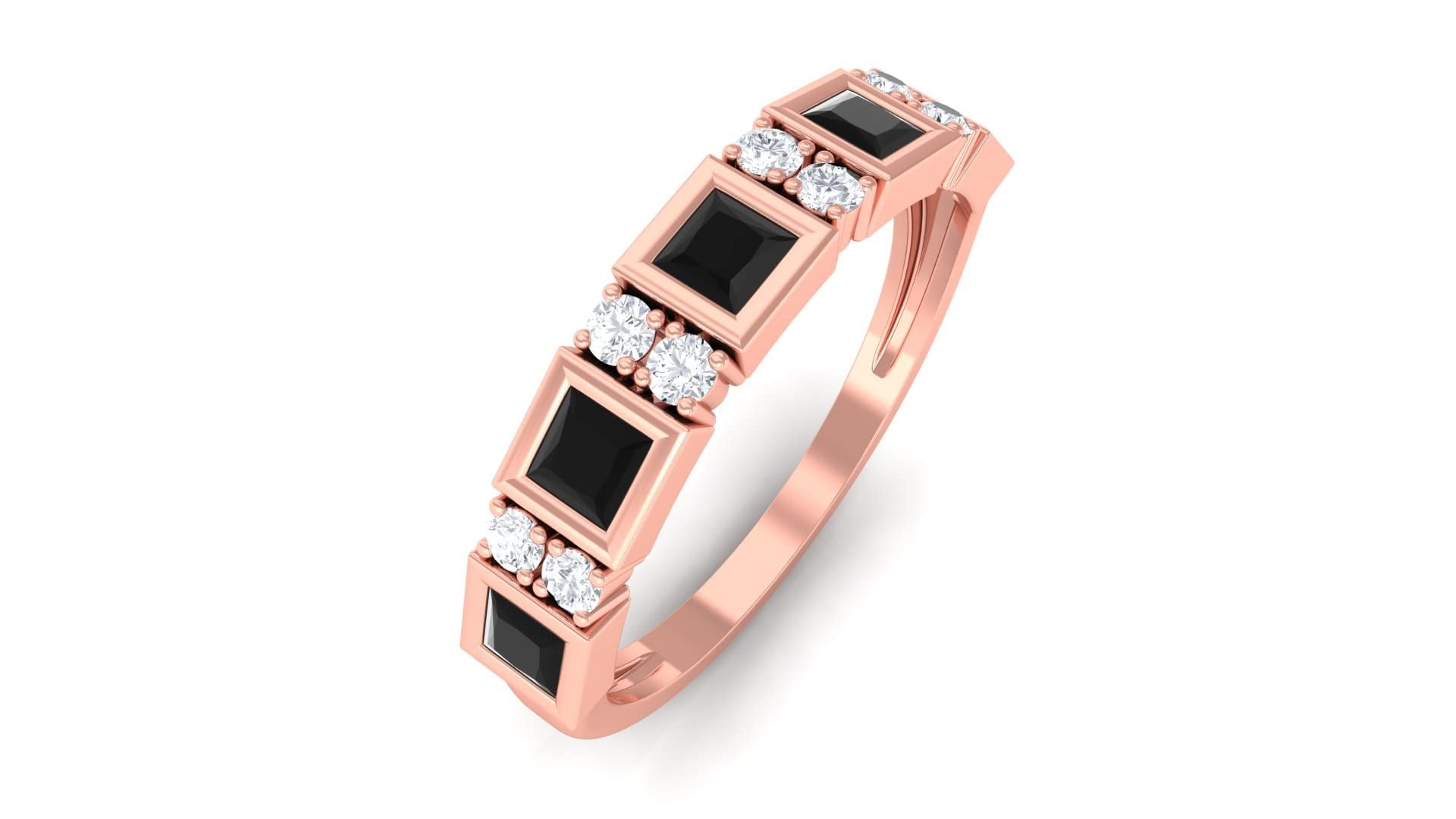 0.75 CT Black Spinel & Moissanite Princess Cut Half Eternity Ring for Women - 14K Solid Gold Wedding Band, Anniversary Gift, Stackable Ring for Bridal Jewelry & Special Occasions