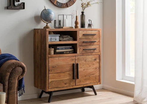 Gfine Solid Acacia Wood Sideboard with 2 Doors & 3 Drawers - 78x40x95cm Rustic Entryway Storage Cabinet for Living Room, Dining Room & Hallway Organization