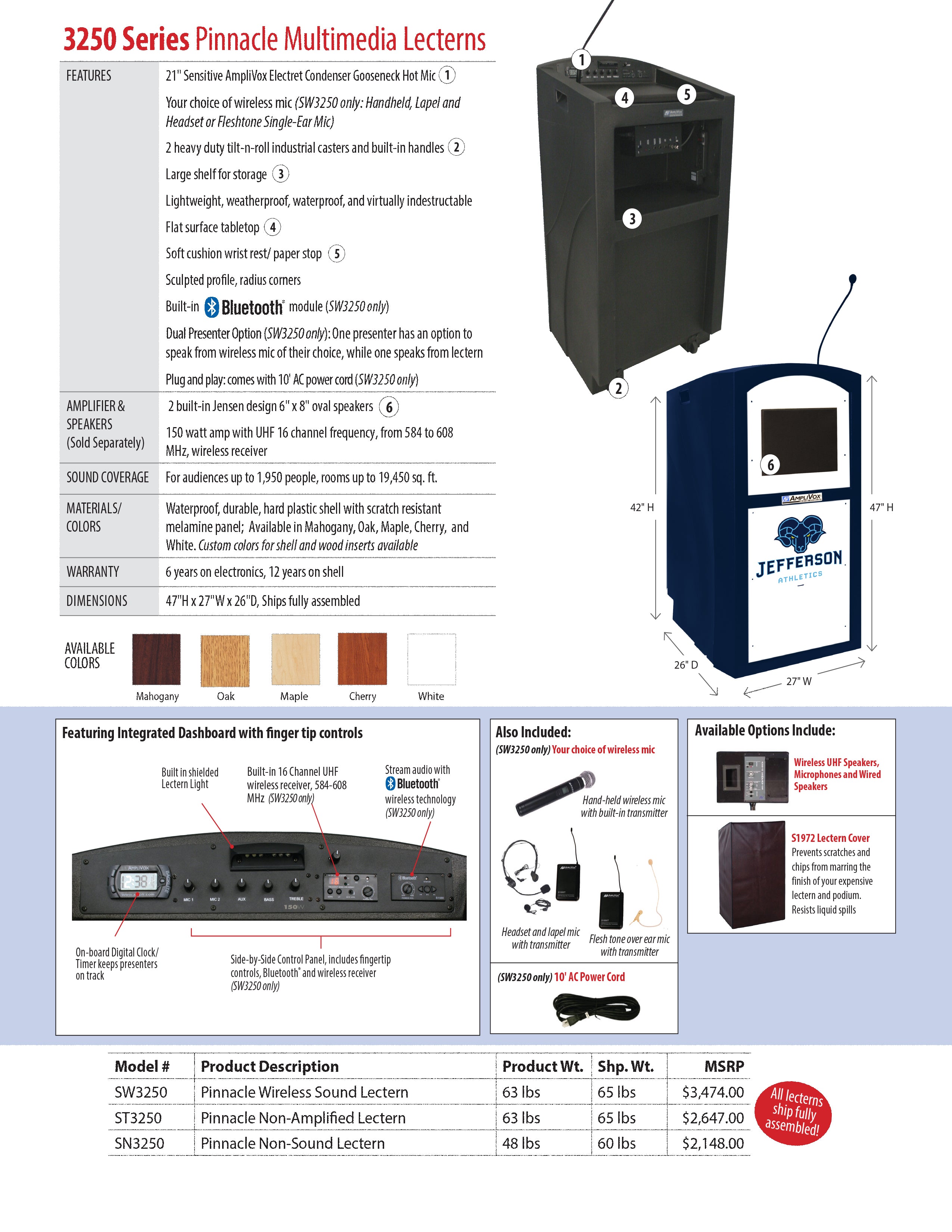 Wireless Pinnacle Multimedia Lectern - Portable Podium with Bluetooth Speaker & Microphone for Presentations, Conferences, and Classrooms