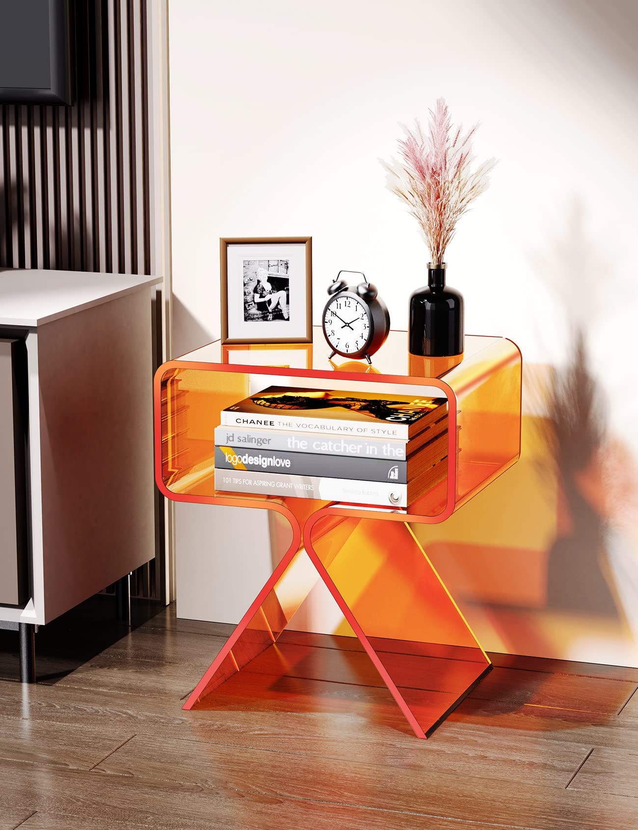 Modern Clear Acrylic Nightstand Side Table - Stylish End Table for Living Room, Bedroom & Office - Orange Home Decor Display for Contemporary Spaces