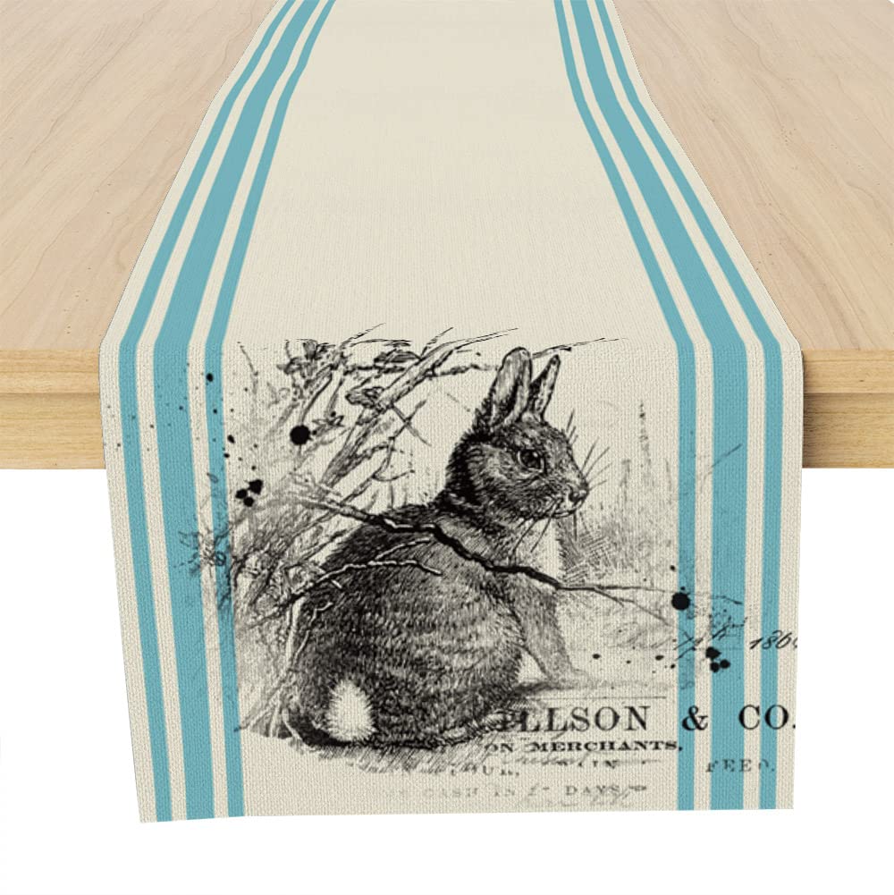 French Style Vintage Easter Bunny Table Runner - Blue Farmhouse Country Decor for Dining, Living Room & Kitchen - 13x72 Inches - Perfect for Holiday Parties & Spring Celebrations