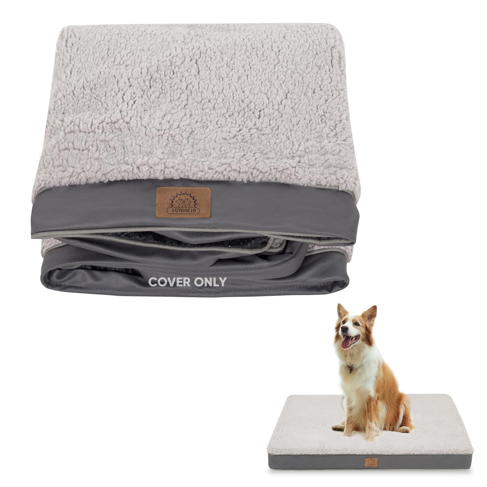 Washable Extra Large Dog Bed Cover - Soft Plush Waterproof Replacement Liner with Zipper, 44x32x3 Inches, Grey (Cover Only) - Perfect for Large Dog Crates, Kennels & Pet Sofas