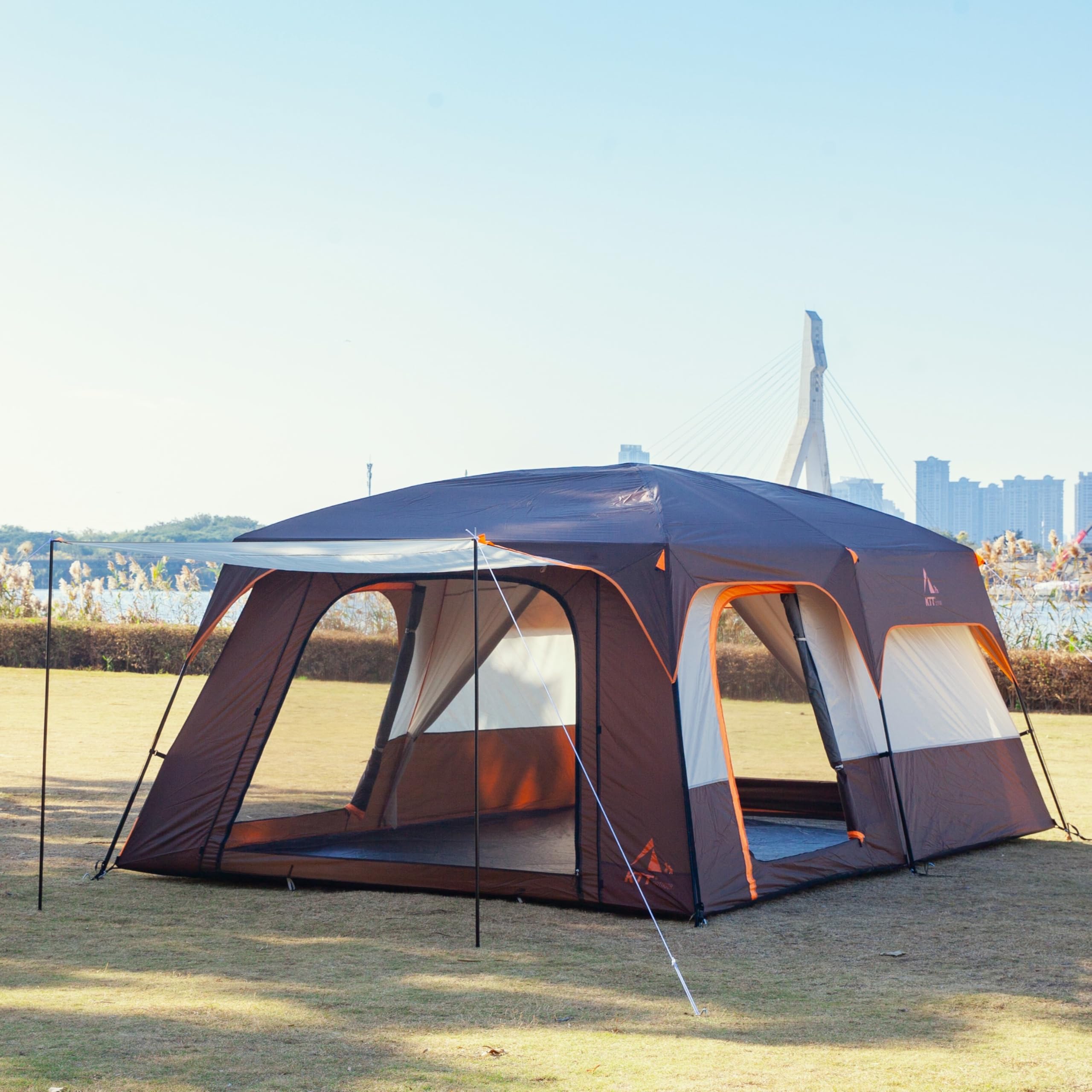 KTT Extra Large Family Cabin Tent for 10-14 People - 2 Rooms, 3 Doors & 3 Mesh Windows, Waterproof Double Layer Straight Wall Design - Perfect for Camping, Picnics, Family Gatherings & Outdoor Adventures
