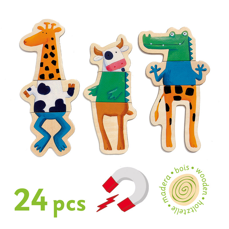 Crazy Animals Wooden Kids Magnets 24-Piece Set by Djeco - Fun Educational Toys for Toddlers & Preschoolers - Perfect for Fridge Play, Classroom Activities & Learning Animal Names