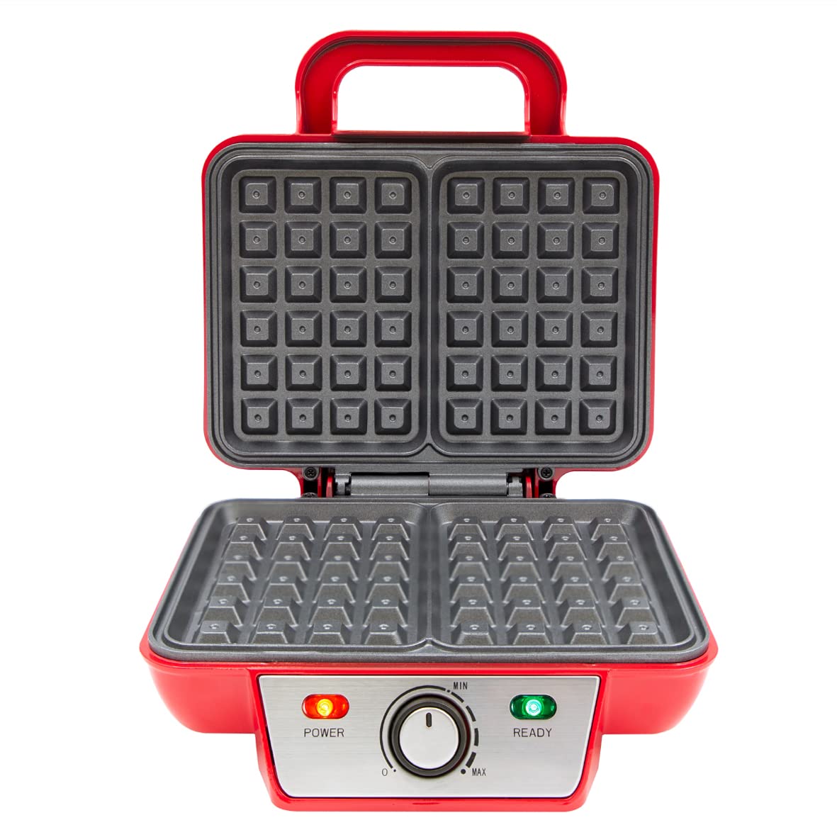 Global Gizmos 37579 Two Slice Waffle Maker - Non-Stick Waffle Machine with Adjustable Temperature, Easy Clean Stainless Steel, Non-Slip Base & Cool Touch Handle (Red) - Perfect for Breakfast, Brunch, and Family Gatherings