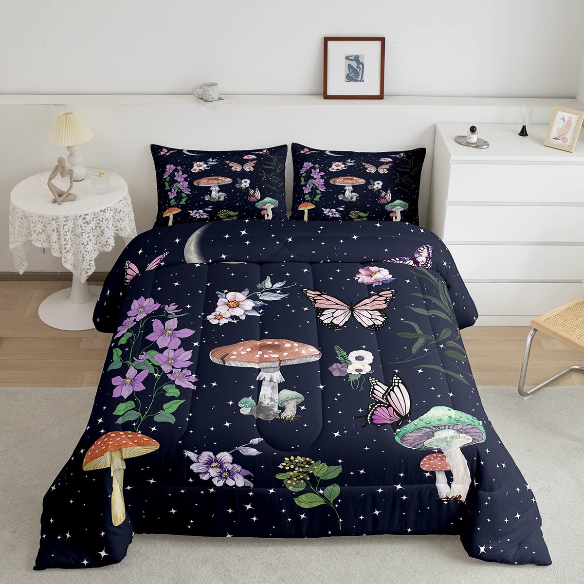 Boho Mushroom Twin Size Comforter Set - Stars Moon Phase Galaxy Duvet Cover & Pillowcase - Purple Flower Butterfly Soft Microfiber Bedding for Kids Boys Bedroom - Perfect for Cozy Sleepovers & Themed Room Decor