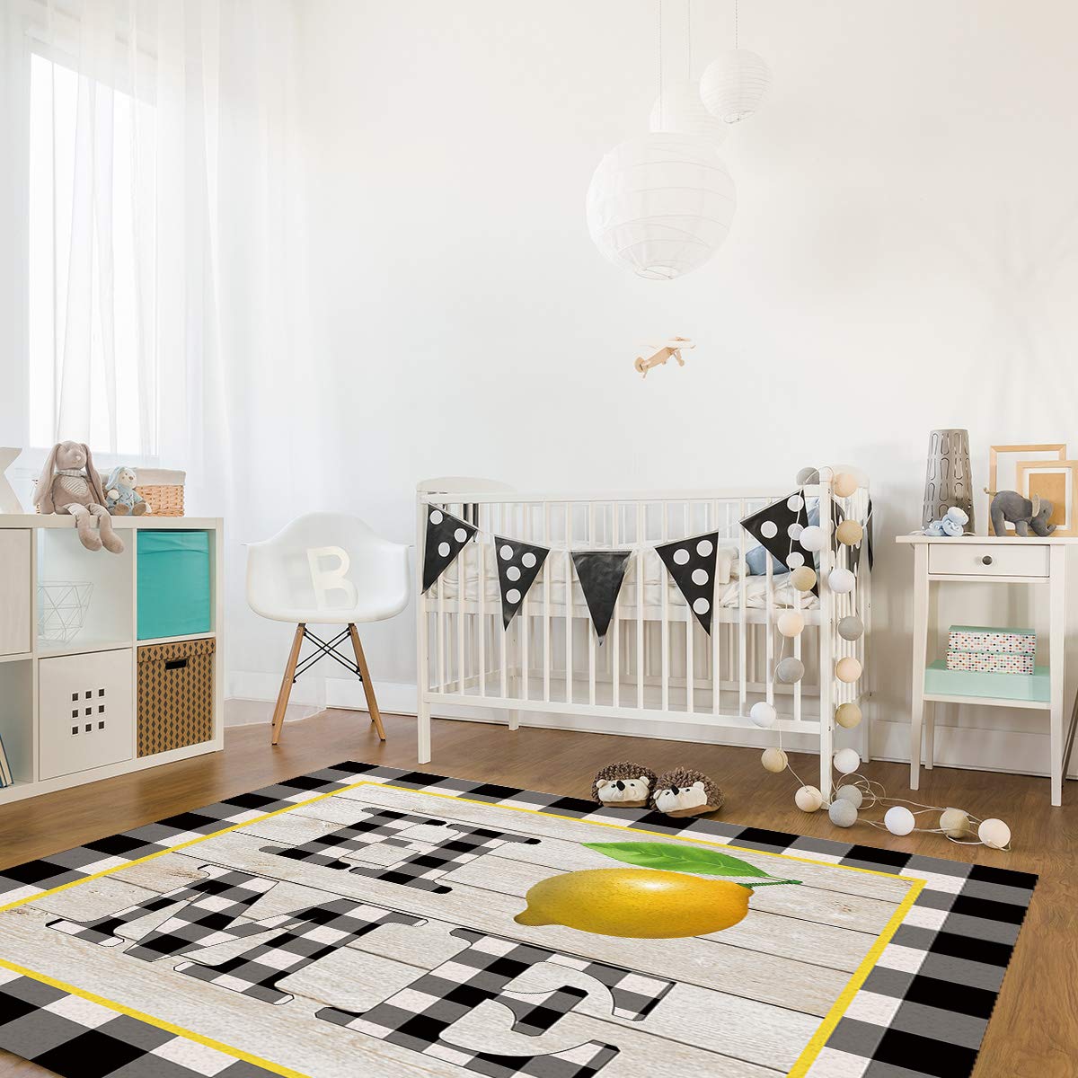 4'x7' Yellow Fruit Lemon Black & White Lattice Area Runner Rug - Washable Indoor/Outdoor Carpet for Kitchen, Living Room, Bathroom, Bedroom, Classroom & Laundry Room - Retro Farmhouse Doormat for Entryway, Hallway & Home Decor