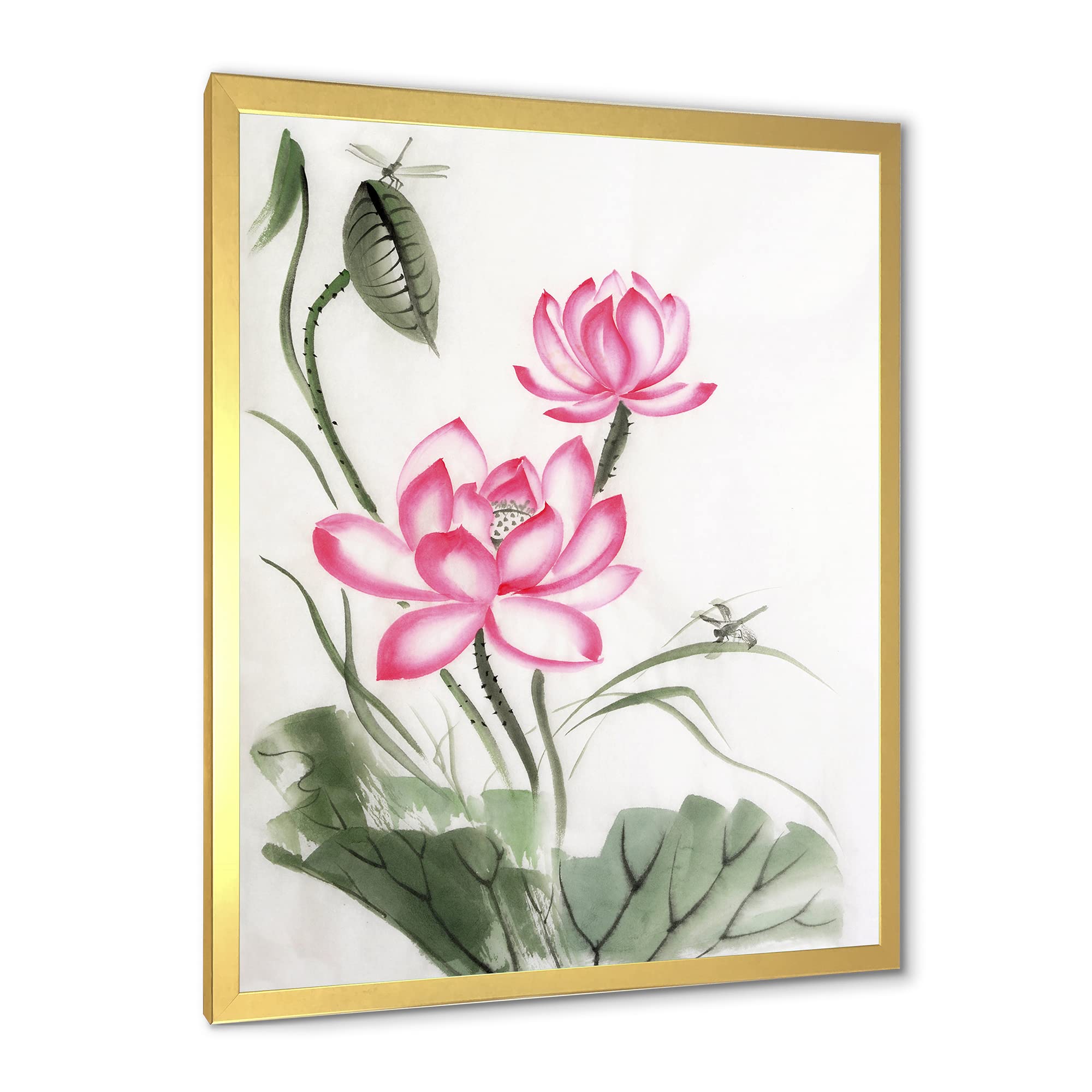 DesignQ Lotus and Dragonfly Traditional Framed Wall Art - Elegant Asian Home Decor for Living Room, Bedroom & Office