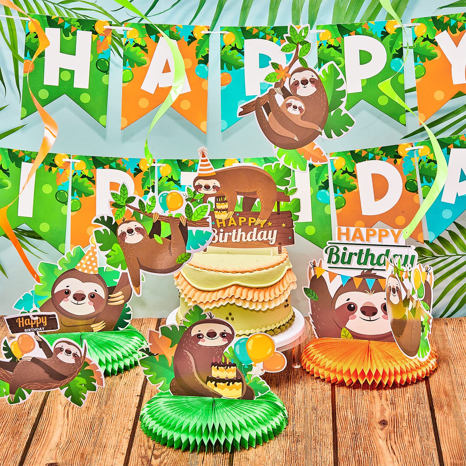 Sloth Birthday Party Decorations Set - Sloth Theme Happy Birthday Banner, Cake Toppers & 3-Piece Honeycomb Table Centerpieces for Baby Showers, Kids Birthdays & Sloth-Themed Events