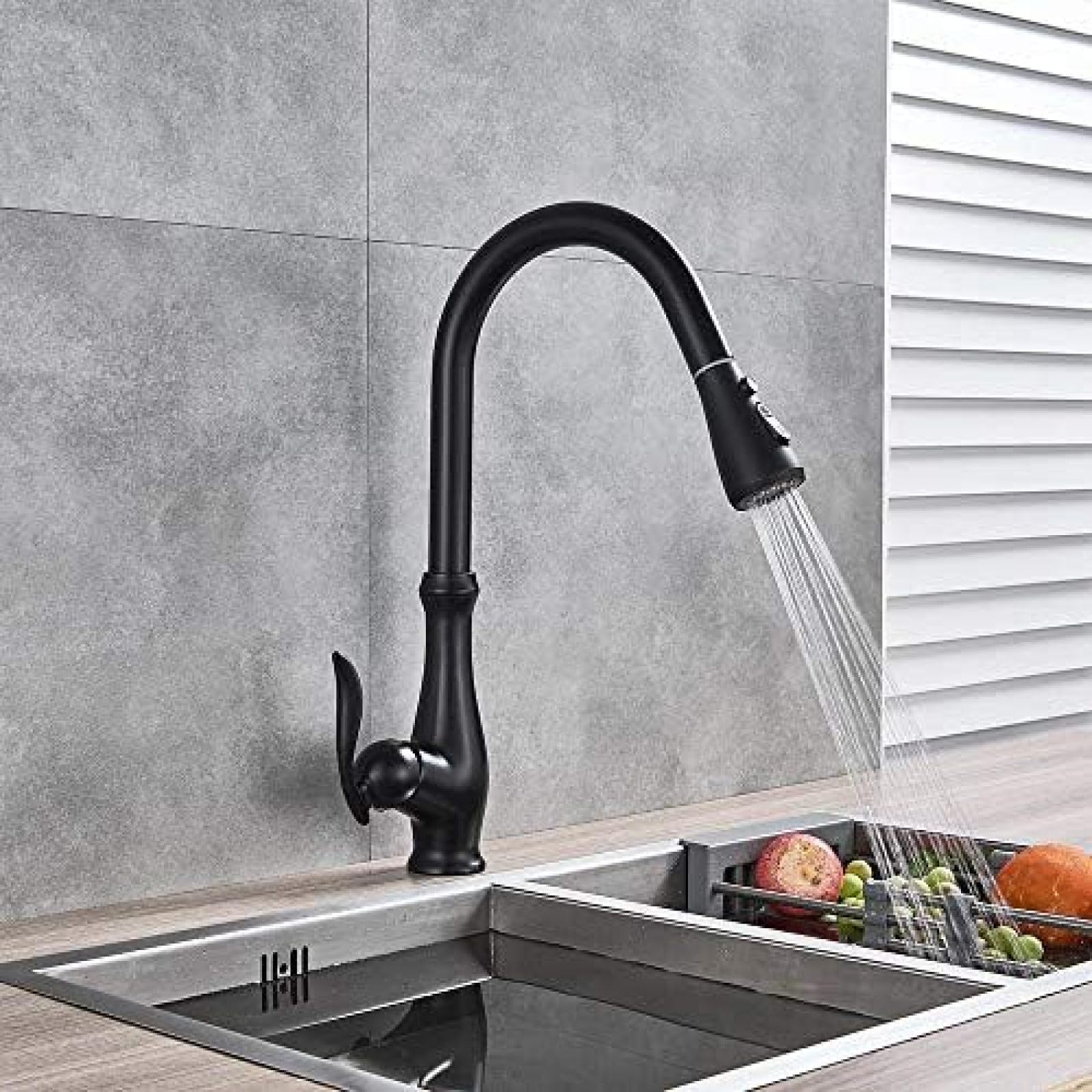 CRJUS Matt Black Pull Out Kitchen Faucet - Swivel Spray Deck Mount Sink Tap with Hot & Cold Water Mixer for Modern Kitchens & Bathrooms