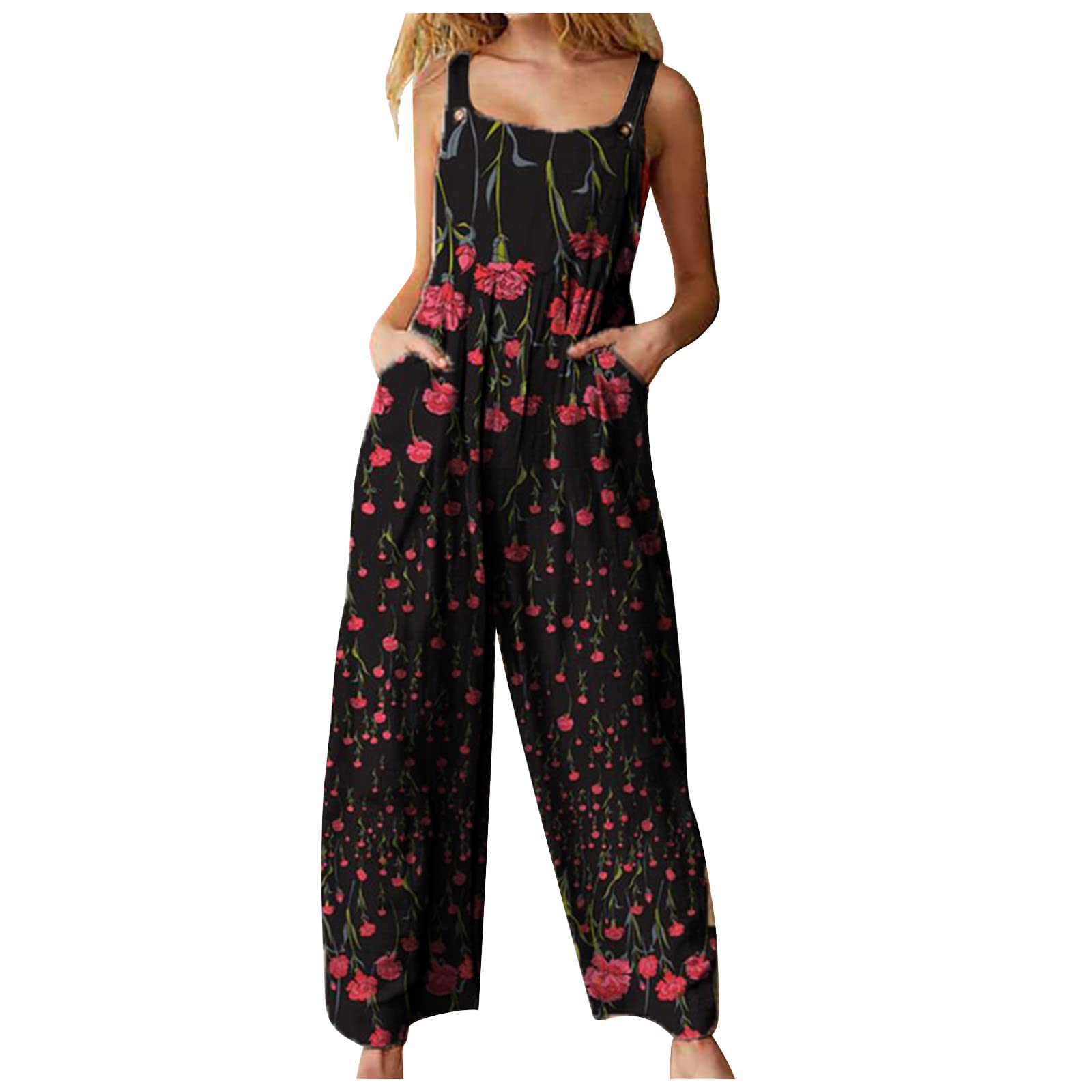 Boho Printed Wide Leg Overalls for Women - Sleeveless Jumpsuit with Suspender Straps, Loose Comfortable Button Romper with Pockets | Casual Outfit, Summer Fashion, Streetwear Style