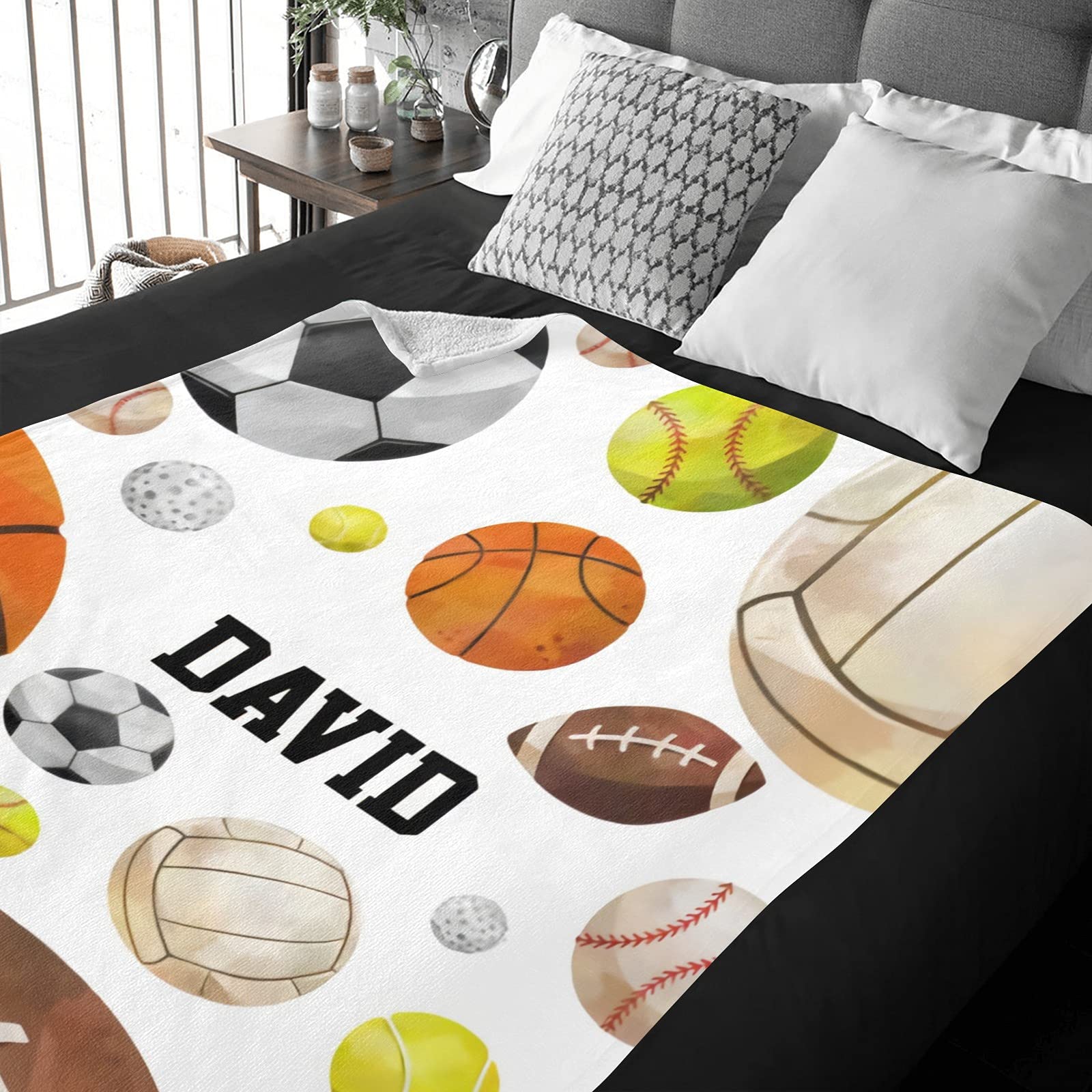 Custom Personalized Baby Blanket with Name - Basketball Baseball Rugby Soccer Design - Super Soft Newborn Blanket for Boys & Girls - Neutral Nursery Decor Gift - Perfect for Christening, Birthday & Baby Shower Presents