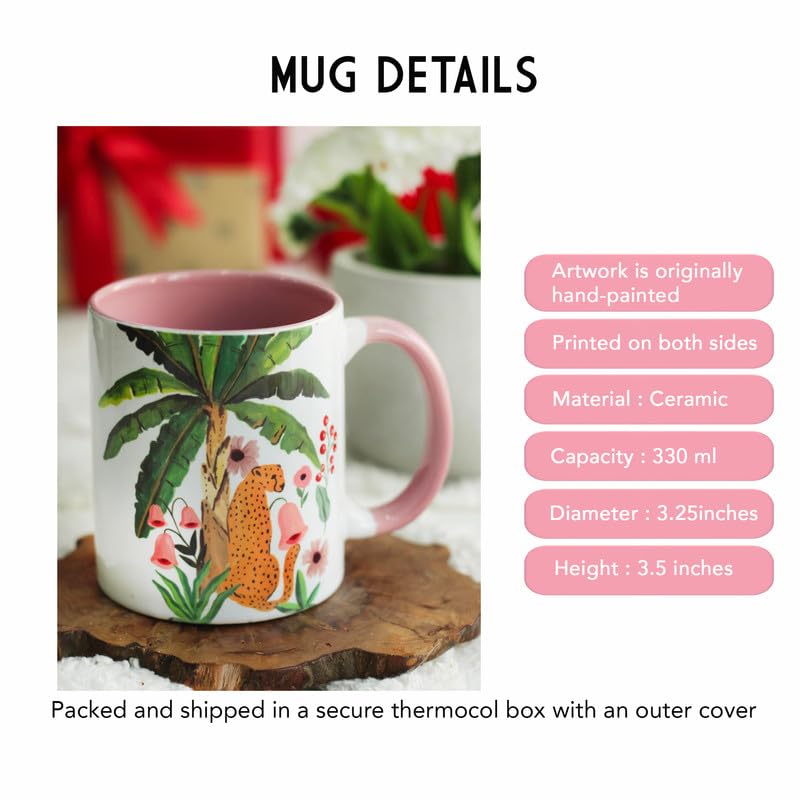 Fiery Cat in Jungle - Handpainted Ceramic Coffee Mug (330ml) by The Spring Palette | Unique Gift for Cat Lovers | Perfect for Home, Office & Outdoor Use