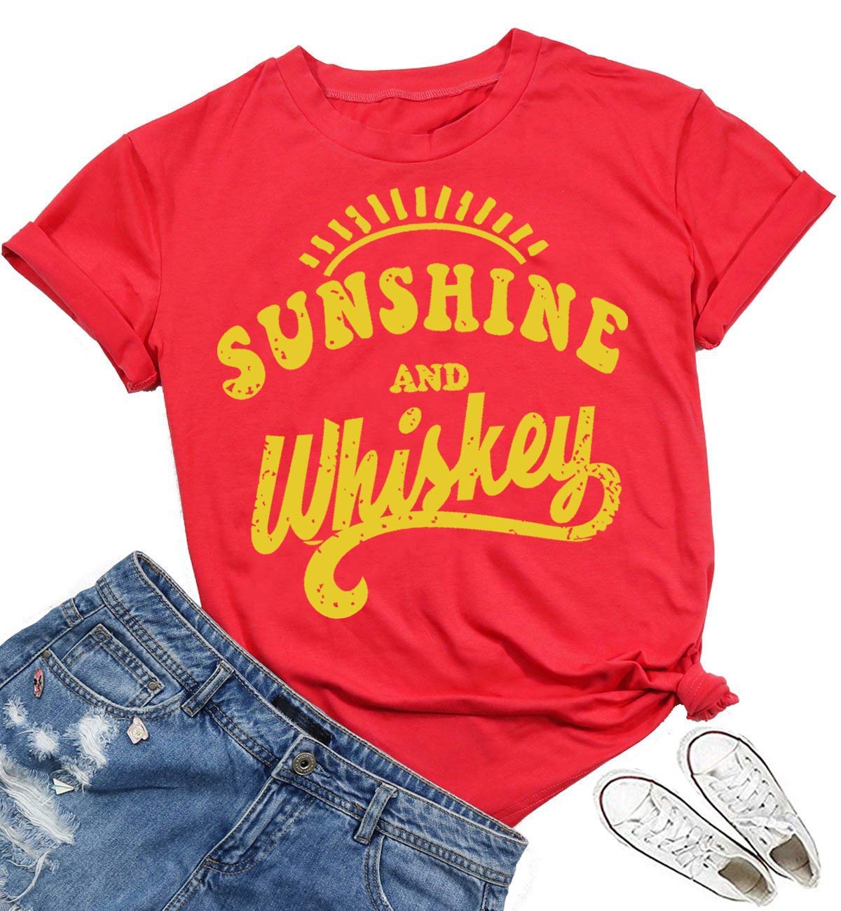 Women's Sunshine and Whiskey Graphic T-Shirt - Short Sleeve Funny Letter Print Summer Top for Beach, Casual Wear & Gifts