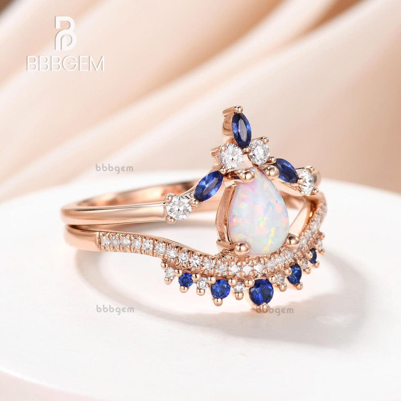 Pear Shaped Opal Engagement Ring with Diamond Accents & Blue Sapphire Wedding Band - Stackable Bridal Set for Proposal, Anniversary & Special Occasions