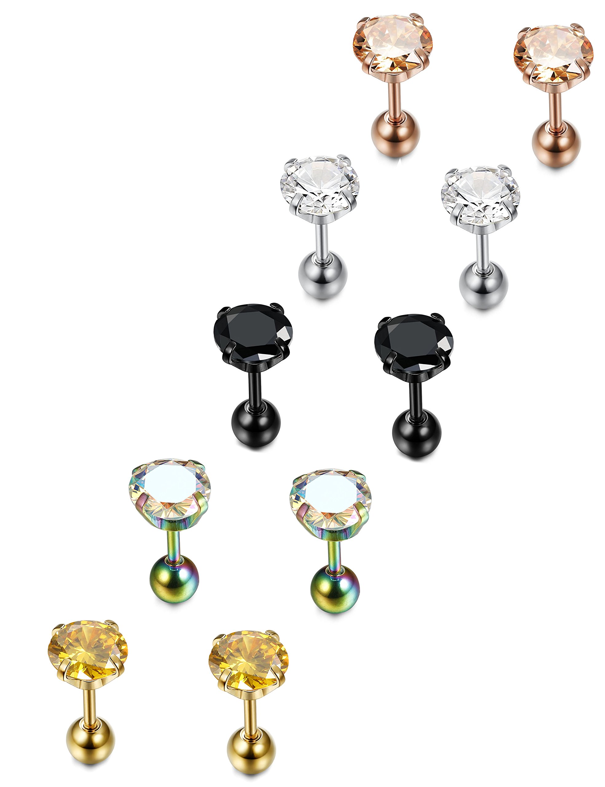 LOYALLOOK 5 Pairs Stainless Steel Cubic Zirconia Stud Earrings for Women - Hypoallergenic, 4-8mm, 5 Color Options - Perfect for Everyday Wear, Parties & Gift Giving