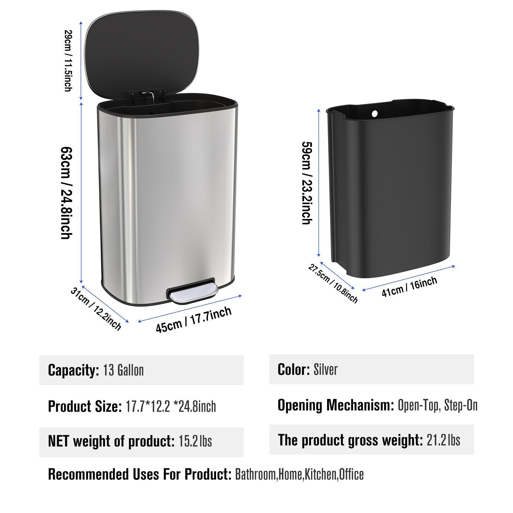 13 Gallon 50L Stainless Steel Step Trash Can with Soft Close Lid - Hands-Free Foot Pedal Kitchen Garbage Bin for Home, Office & Restaurant Use