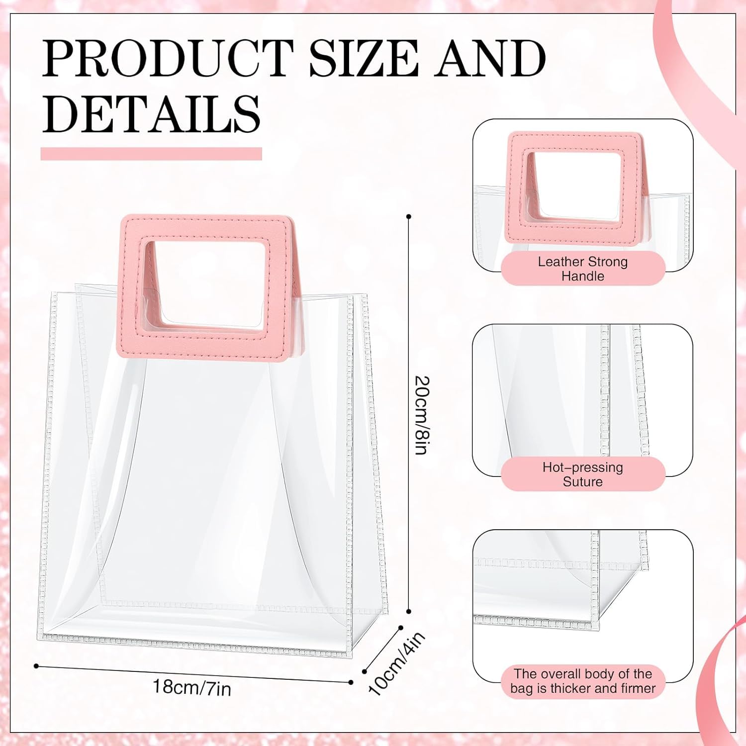 AIVER Clear Transparent Gift Bags for Wedding, Birthday, Party - Pink Square Handle Tote Shopping Bags (Set of 1 Medium) - Perfect for Bridal Showers, Baby Showers & Special Occasions