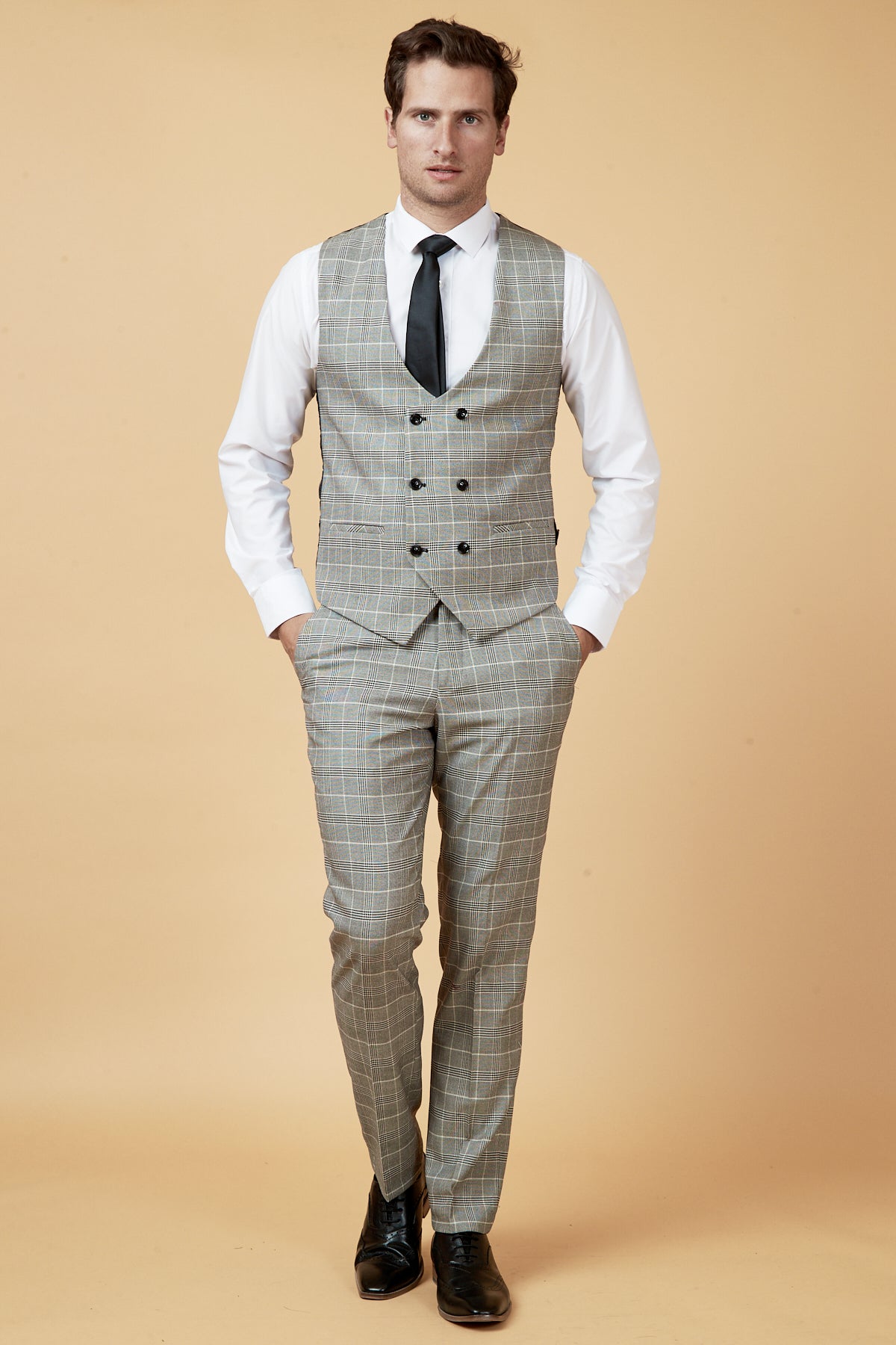ROSS Grey Check Double Breasted Waistcoat for Men - Formal Vest for Business, Wedding & Office Wear - Slim Fit Suit Vest with Pockets