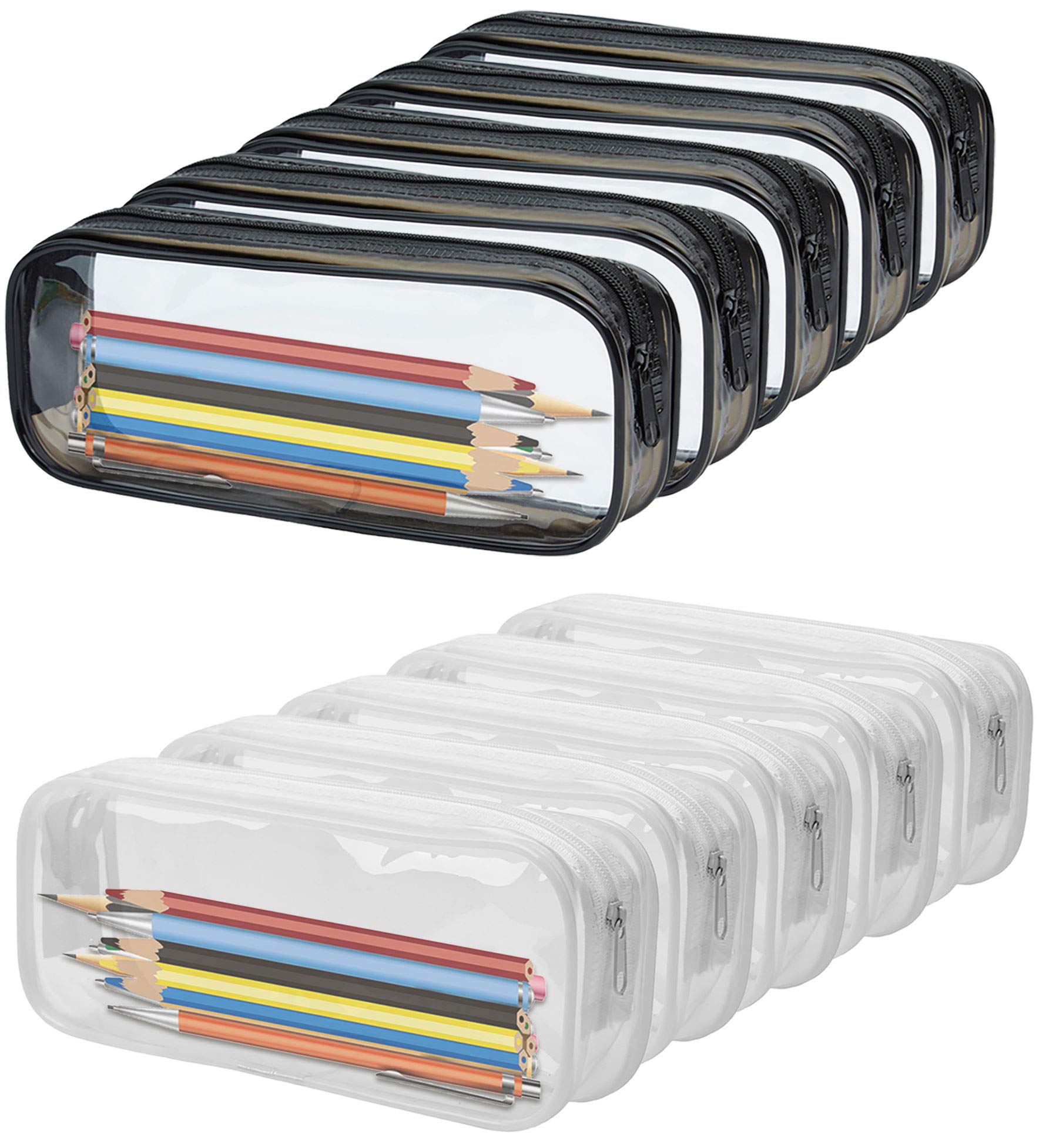 WUWEOT 10 Pack Clear PVC Pencil Cases & Makeup Pouches - Large Capacity Zippered Storage for School, Office & Travel - Perfect for Organizing Stationery, Toiletries & Cosmetics (Black+White)