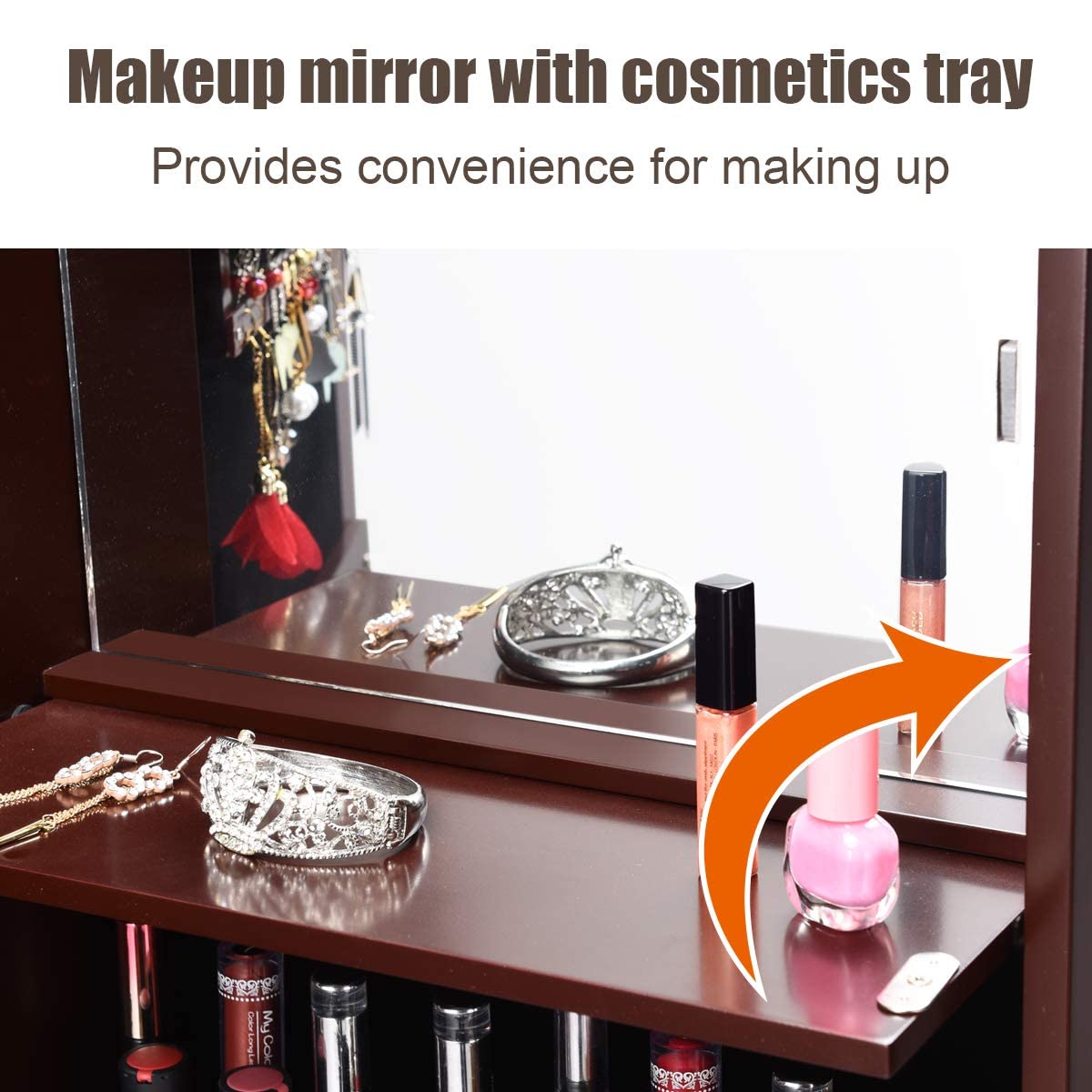 MAT EXPERT 15-LED Lighted Jewelry Armoire with Full-Length Mirror - Lockable Wall/Door Mounted Jewelry Cabinet Organizer for Bedroom, Dressing Room & Makeup Display - Brown (Perfect for Small Spaces & Gift Giving)