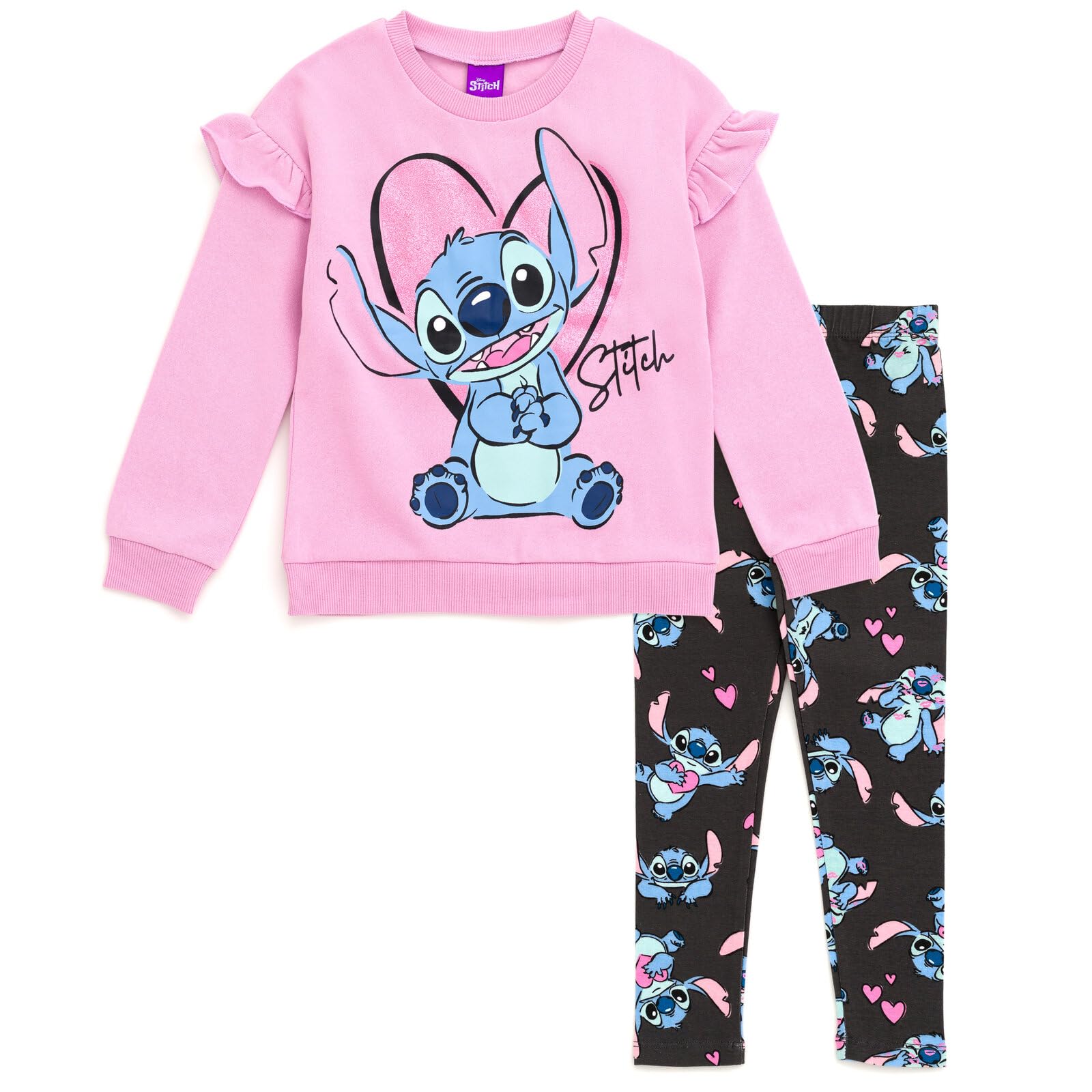 Disney Stitch Floral Sweatshirt & Leggings Outfit Set for Kids (12M-16Y) - Pink Cute Cartoon Character Matching Clothes for Girls & Boys | Perfect for Birthday Gifts, Playdates & Disney Theme Parties