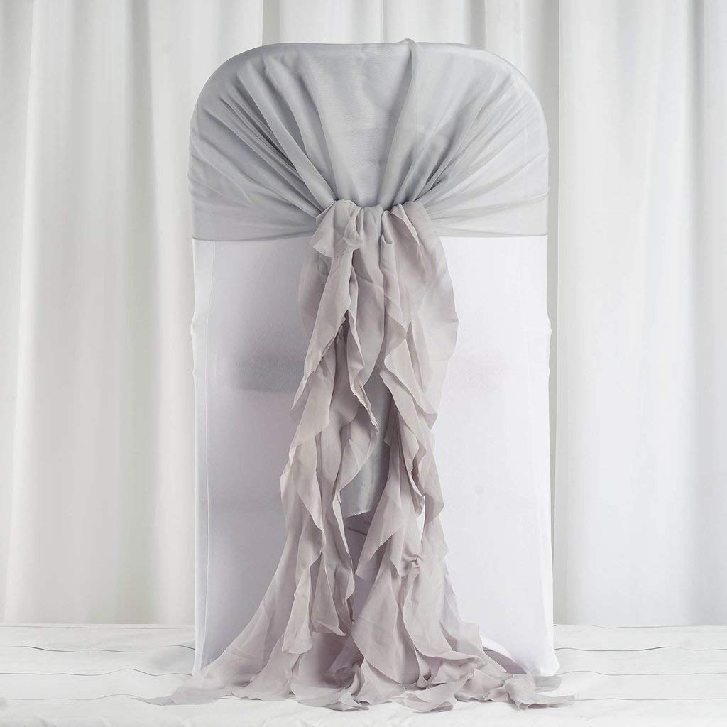 50 Silver Premium Curly Chiffon Chair Covers with Sashes - Elegant Wedding, Party & Reception Decorations - Affordable Event Supplies for Banquets, Ceremonies and Special Occasions