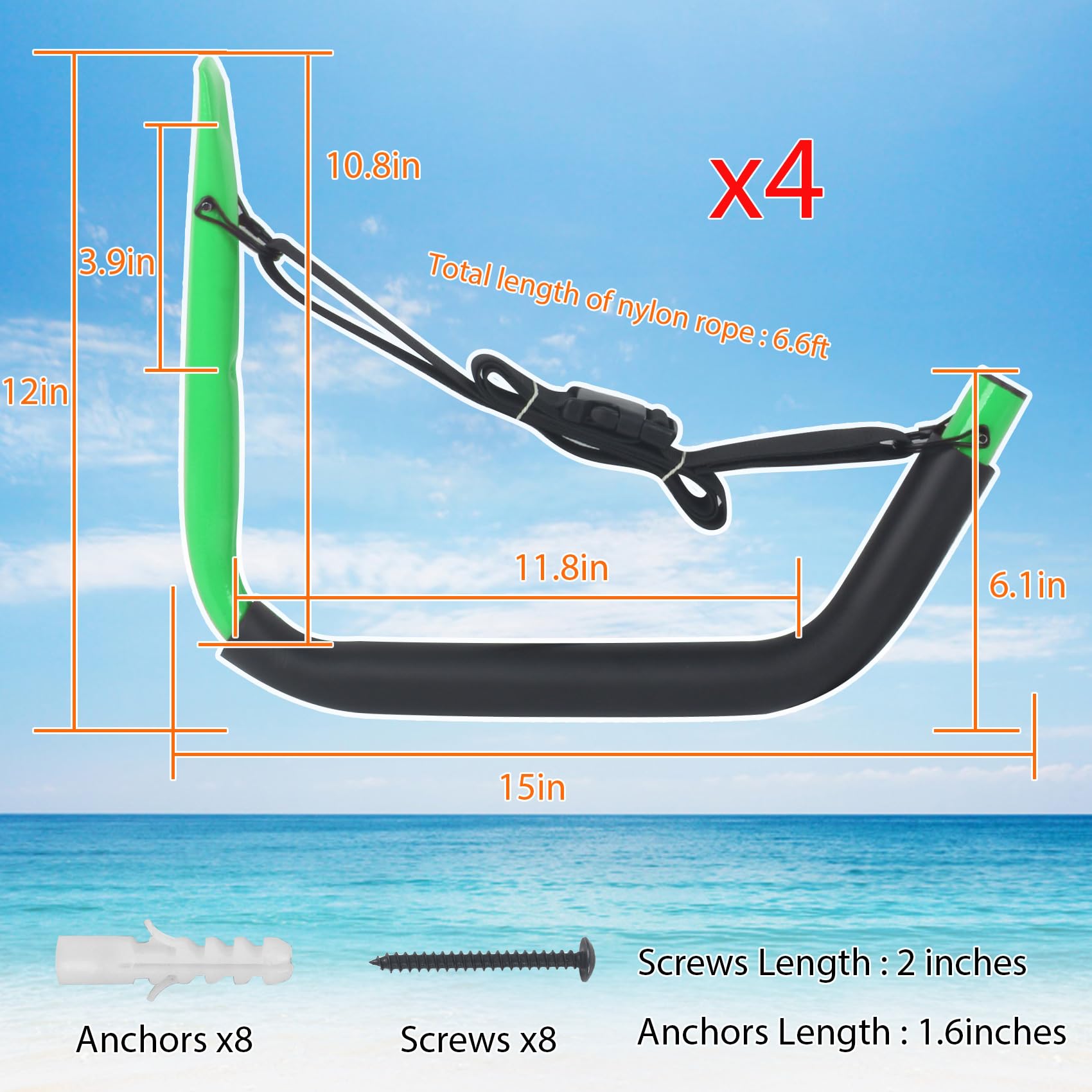 Heavy Duty Kayak Wall Mount Storage Rack with Straps - 100 LB Capacity Kayak Hanger for Garage, Paddle Boards, Surfboards, Bikes, Ladders, SUP & Snowboards - Space Saving Organization for Outdoor Gear (4 Pack) - Perfect for Garage, Shed or Boat House Storage