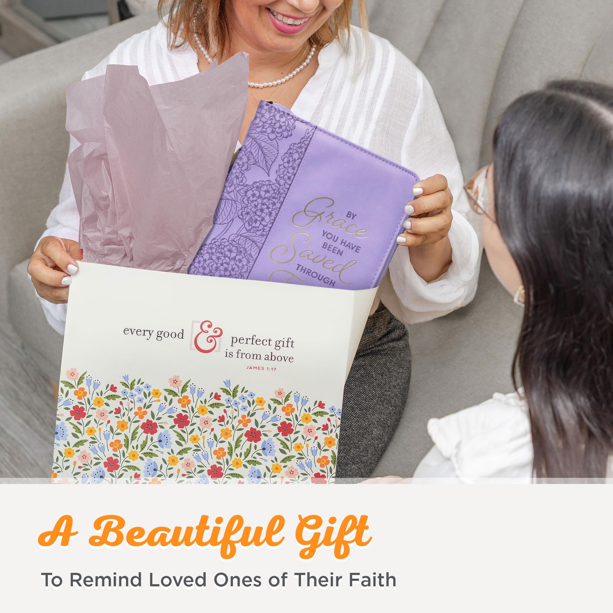 Women's Faux Leather Bible Cover - Ephesians 2:8 Inspirational Verse, Hydrangea Purple for Church & Daily Use