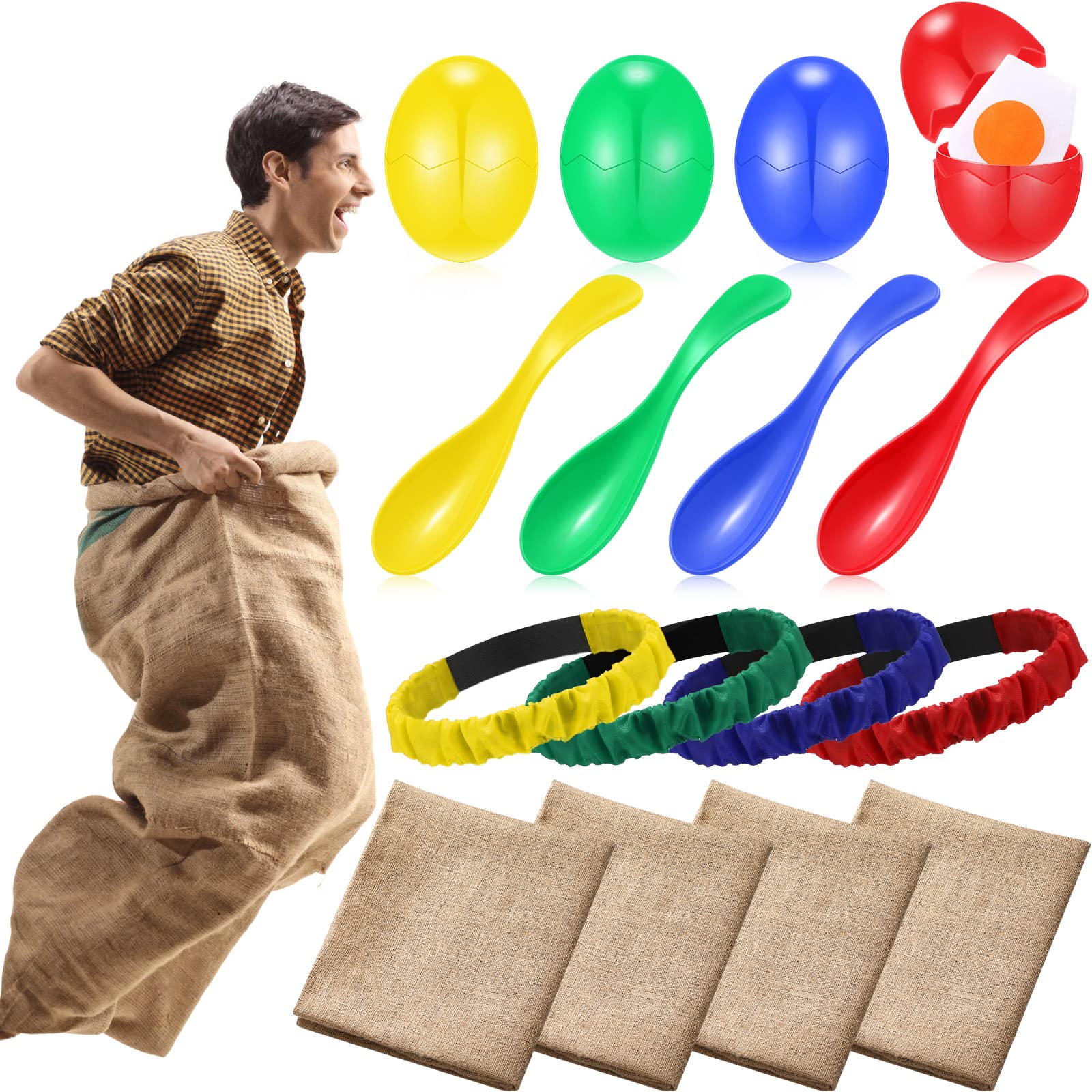 12-Pack Potato Sack Race Bags & Outdoor Lawn Games Set - Includes Egg Spoon Race & 3-Legged Relay Race Bands - Perfect for Carnival, Birthday Parties, Family Reunions & Backyard Fun (Great for Kids & Adults)