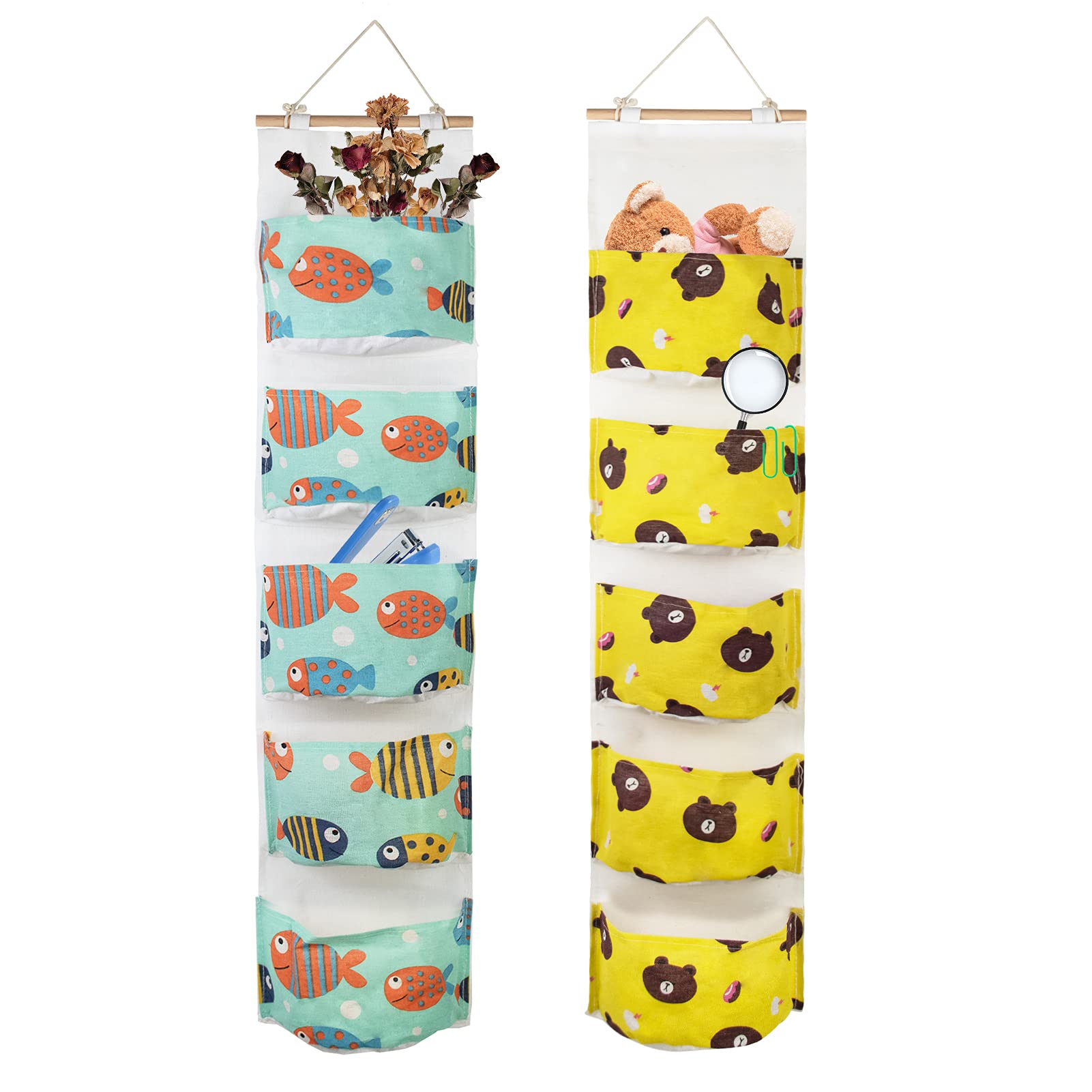 2Pcs Premium Linen Fabric Over The Door Hanging Storage Bags - AUHOKY Multifunctional Closet Organizer with 5 Waterproof Pockets for Bedroom, Bathroom, Closet (Blue/Yellow) - Perfect for Small Space Organization, Home Storage & Travel Accessories