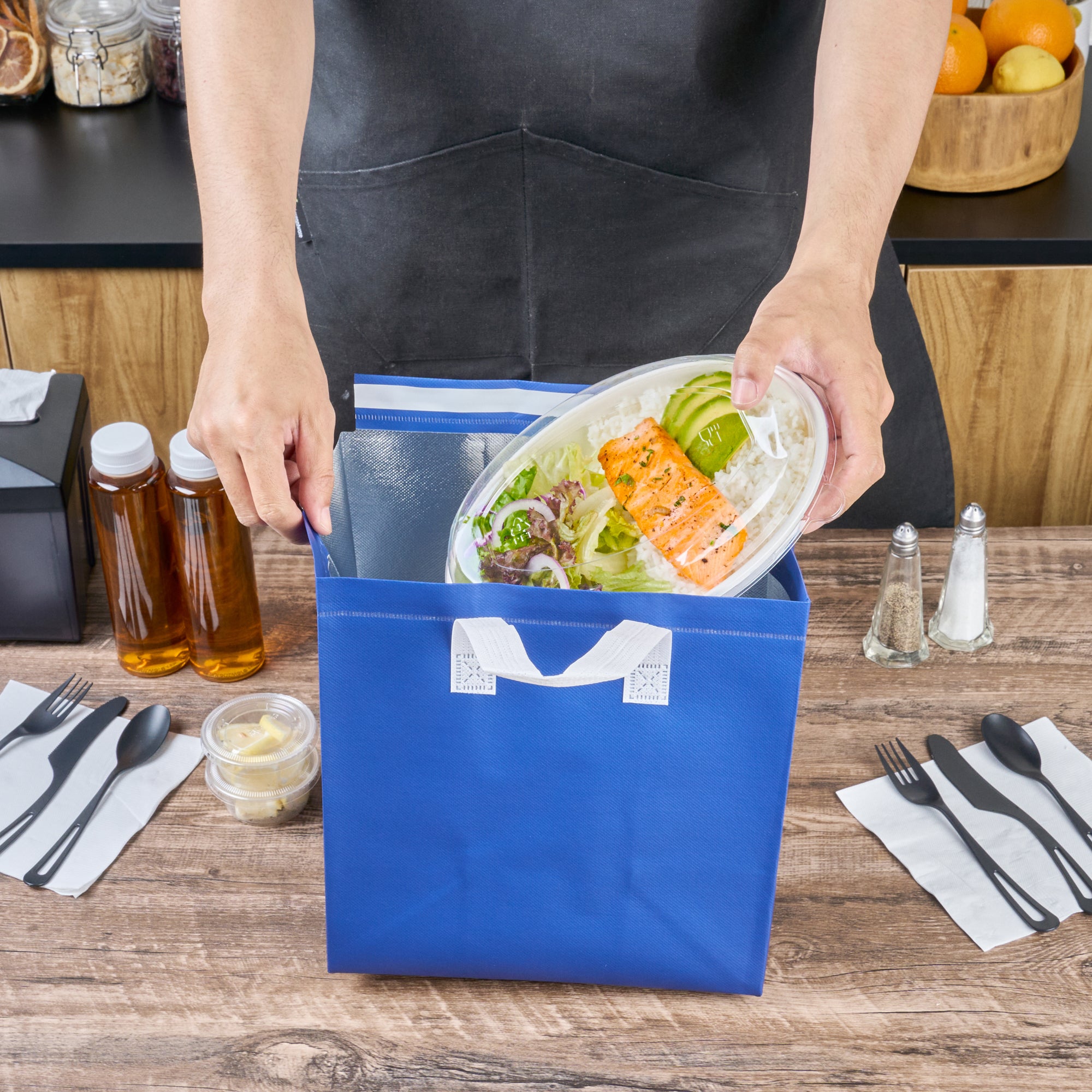 Insulated Blue Tamper-Evident Takeout Bags - 10.25