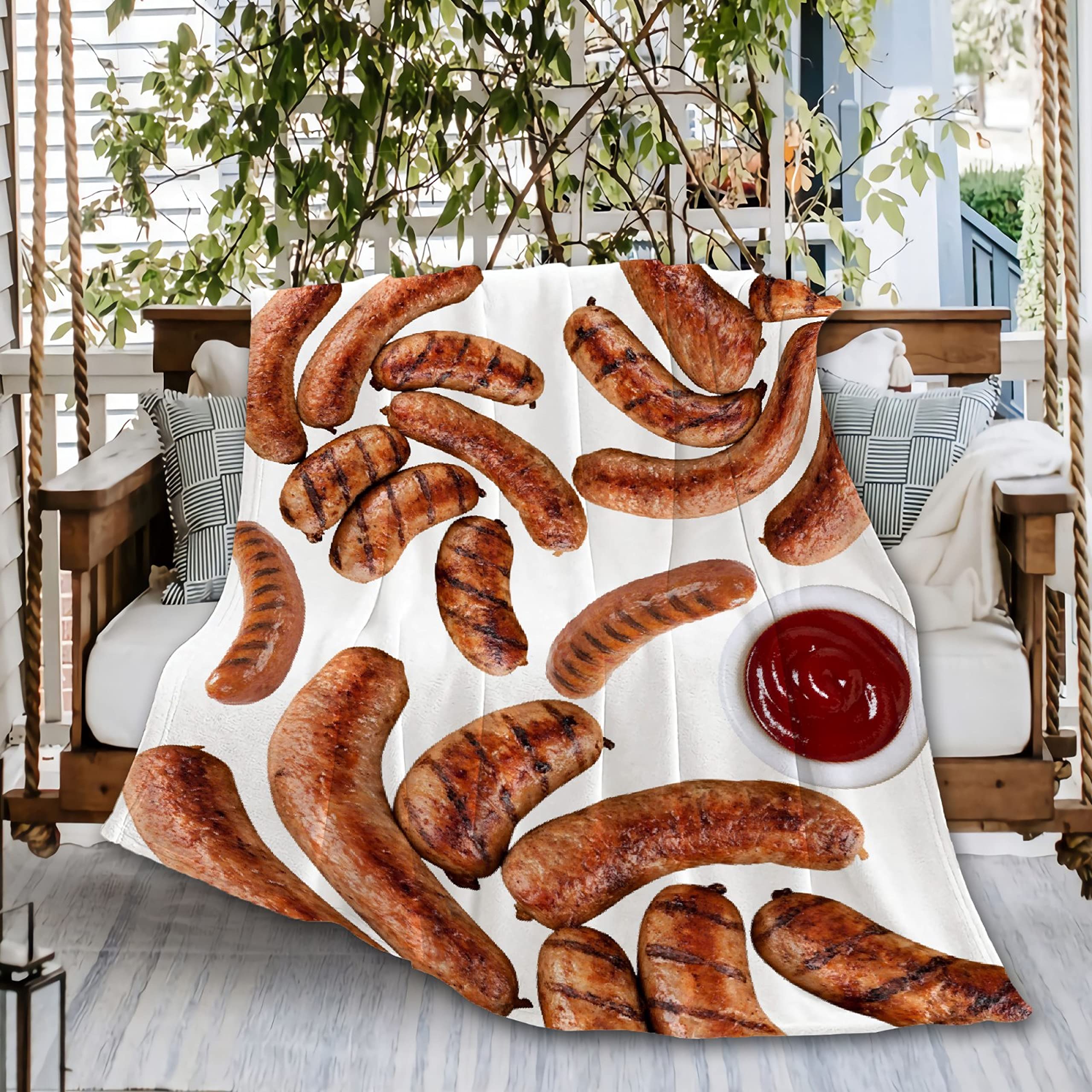 Funny BBQ Sausage Print Fleece Blanket - Ultra Soft Microfiber Throw for Outdoor Picnics, Beach Parties & Couch Comfort - Extra Large 120x90 Inches - Perfect for Camping, Movie Nights & Fast Food Theme Decor